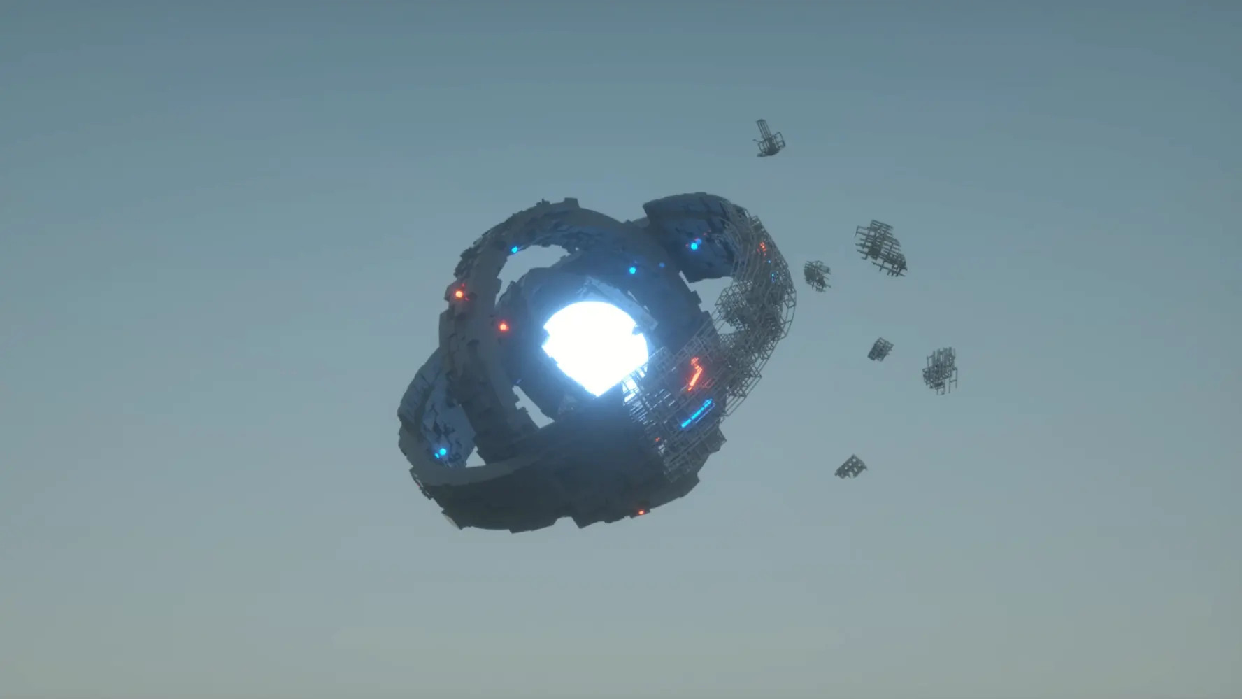 Animated futuristic space station floating in a starry cosmos.