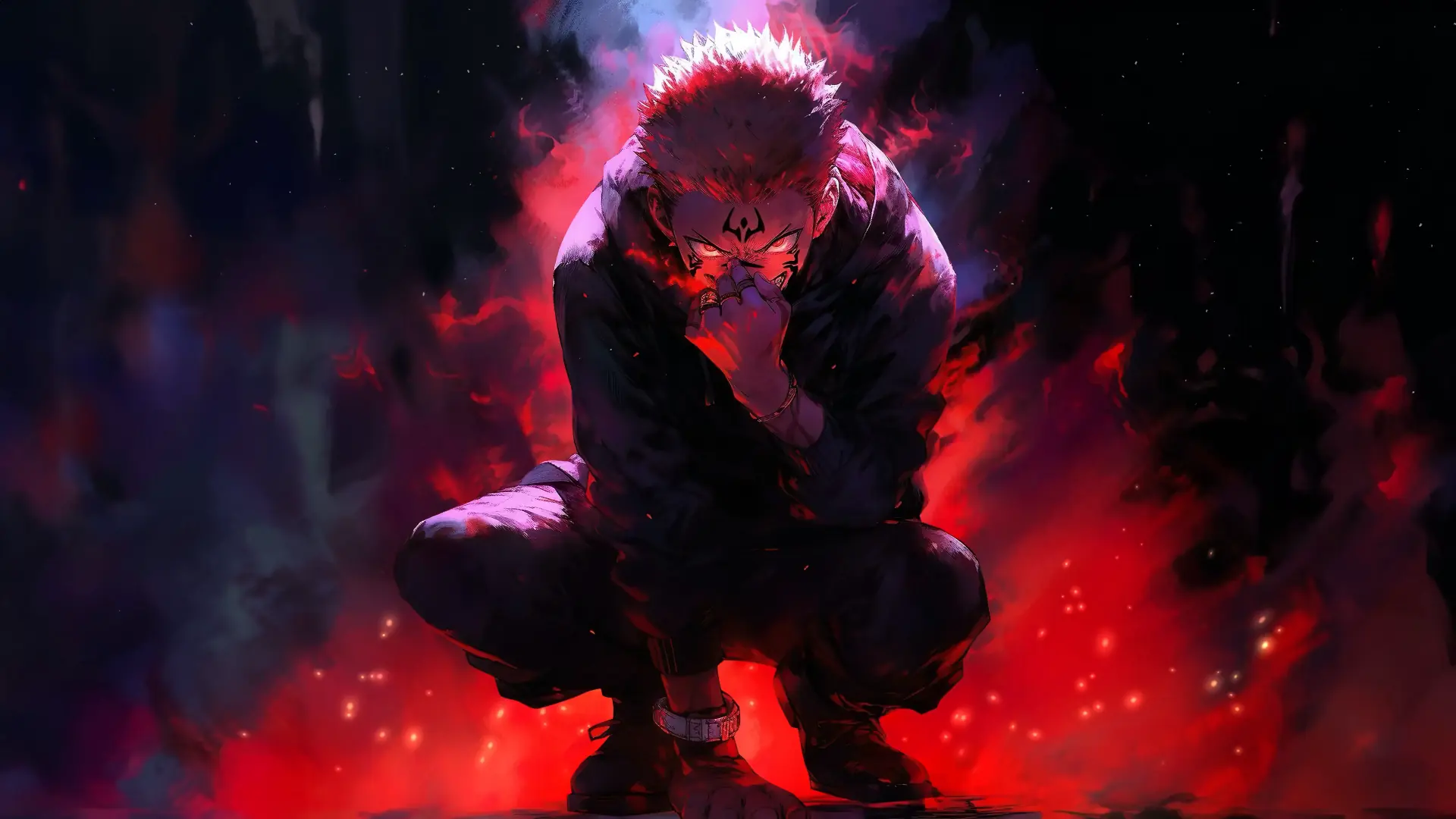 Sukuna seated on a throne of skulls, surrounded by swirling dark energy and glowing eyes, live wallpaper