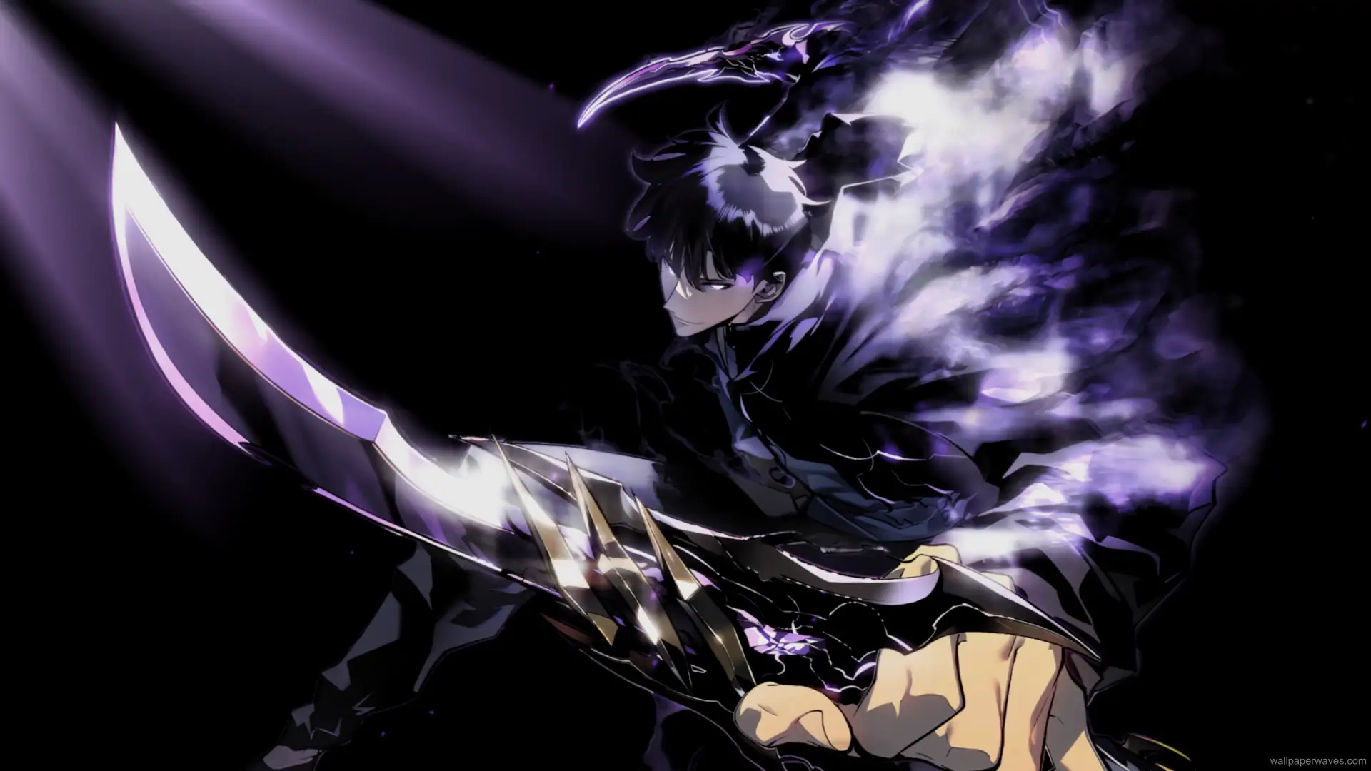 Sung Jin-Woo wielding dual blades amidst swirling shadows.
