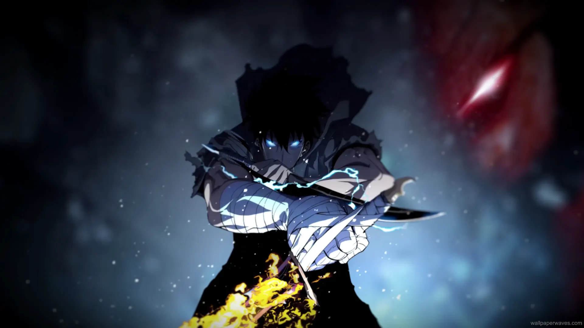 Animated scene of Sung Jin-Woo wielding dual daggers with electric energy from Solo Leveling.