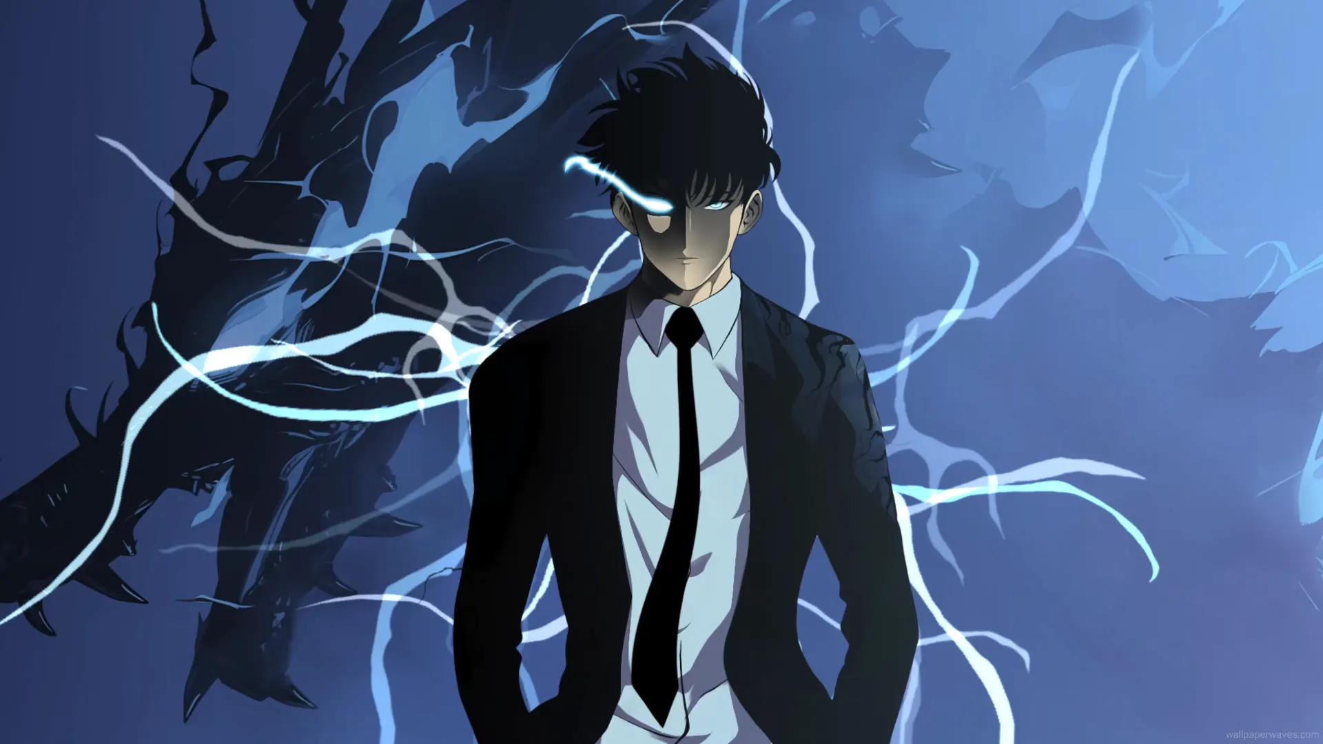 Sung Jin-Woo in a black suit surrounded by electric-blue energy, with a looming shadow beast behind him, live wallpaper