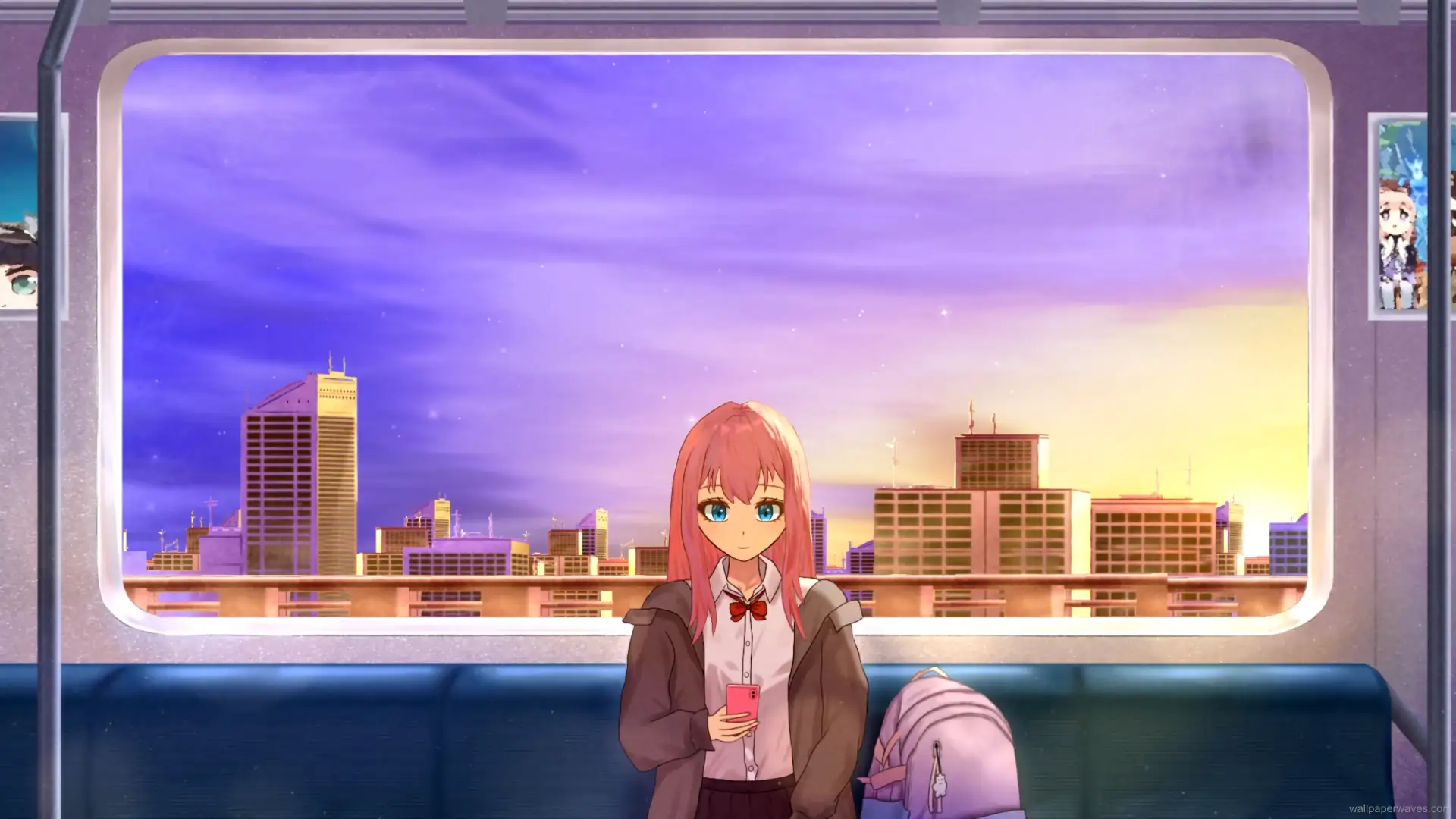 Animated wallpaper of a person on a train during sunset, with warm colors illuminating the landscape outside.