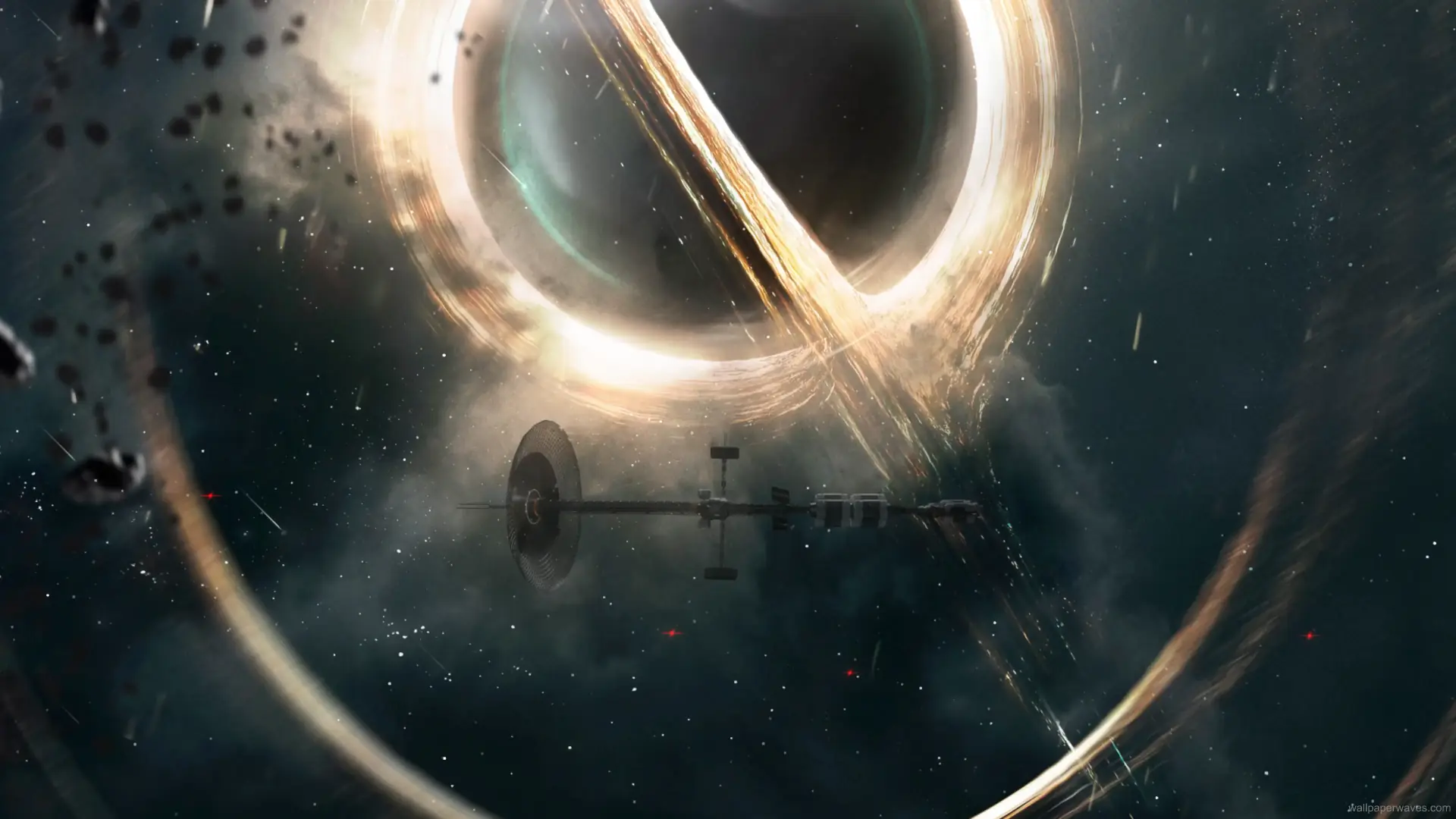 Supermassive black hole inspired by Interstellar, with light bending around its event horizon.