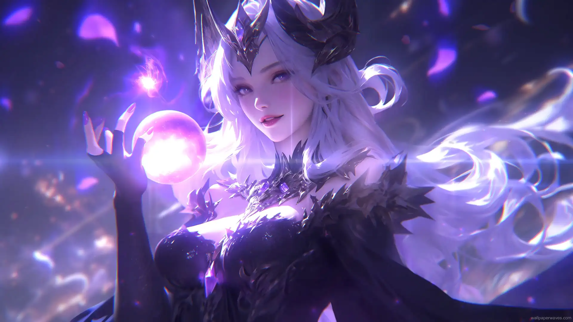 Syndra levitating above a ruined battlefield with swirling dark energy orbs and a stormy purple sky in a League of Legends fantasy wallpaper.