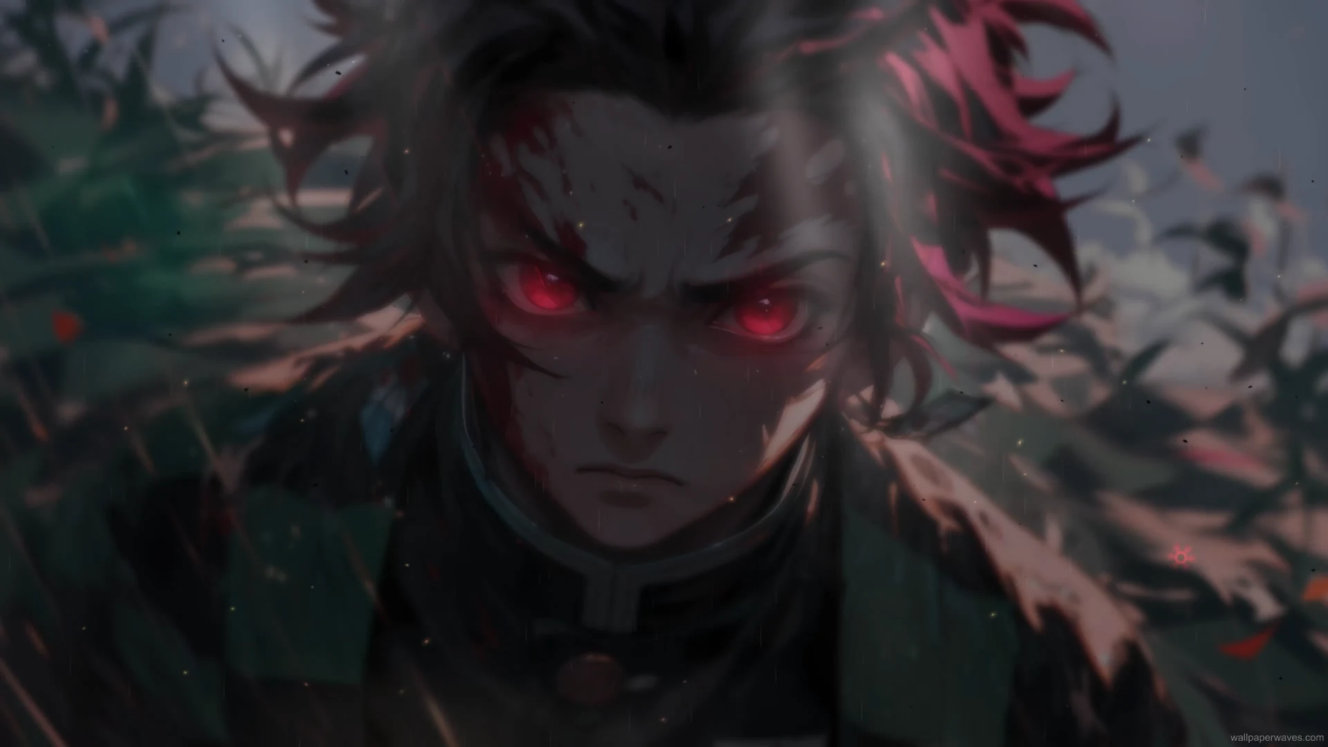 Tanjiro Kamado performing Water Breathing technique, waves of energy flowing around him under a starlit sky, live wallpaper