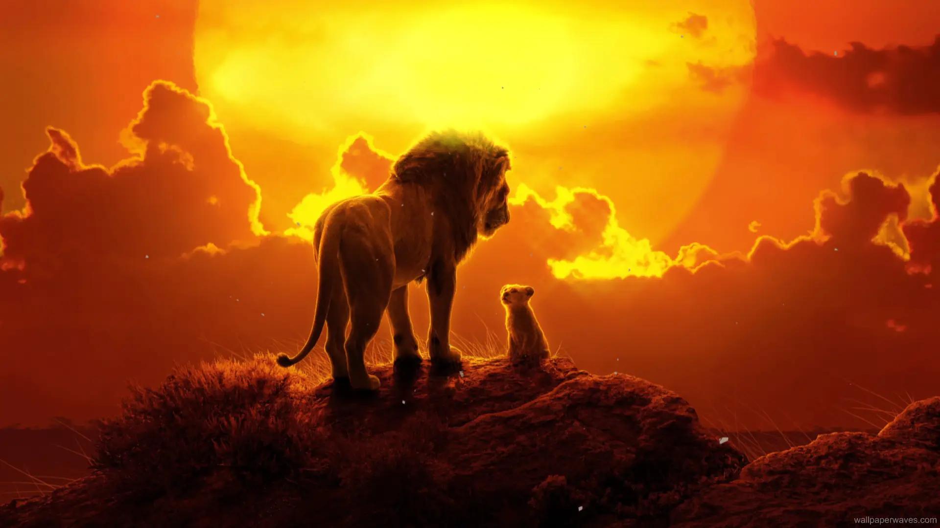 Animated depiction of Mufasa and young Simba standing atop Pride Rock during a golden African sunset.