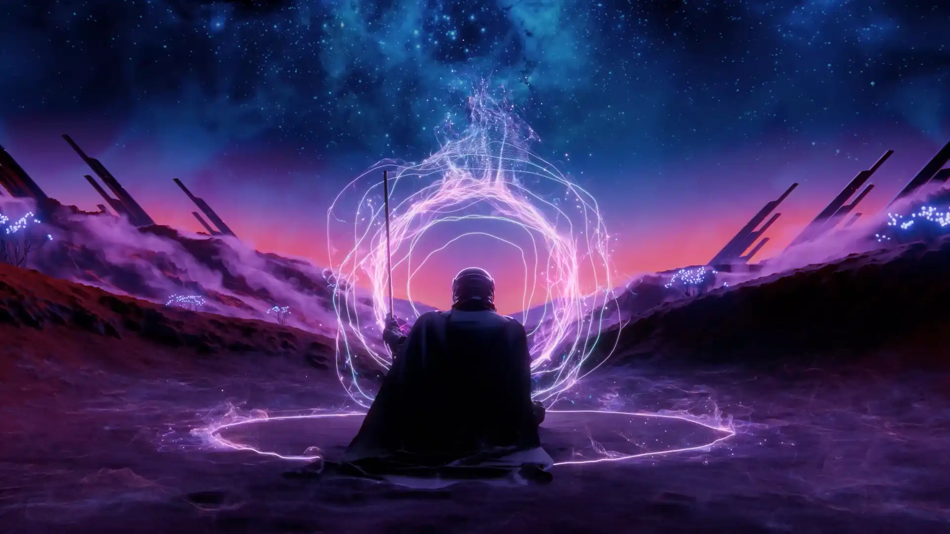 A lone traveler standing in a vast, luminous sci-fi landscape, surrounded by cosmic energies.