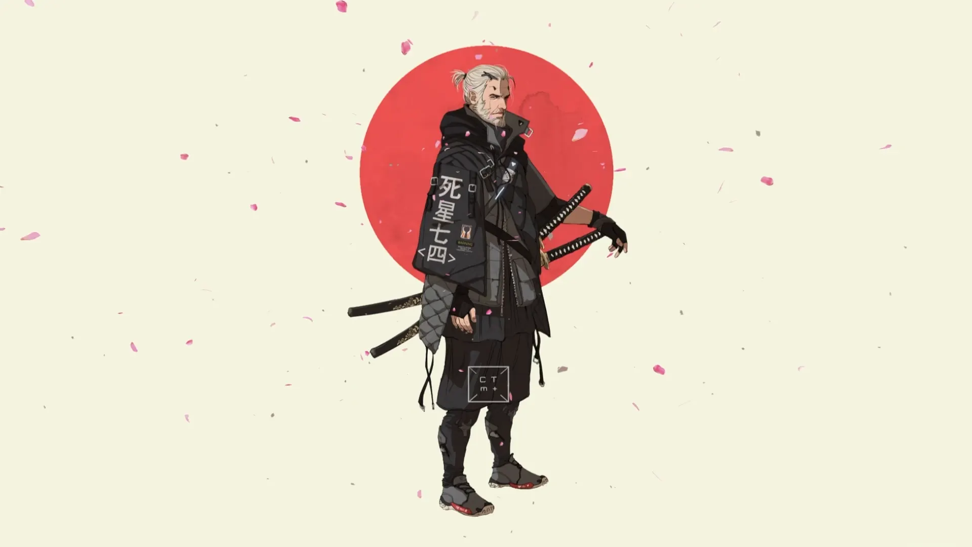 Geralt of Rivia reimagined in a cyberpunk setting, standing amidst neon-lit cityscapes with a futuristic sword in hand.