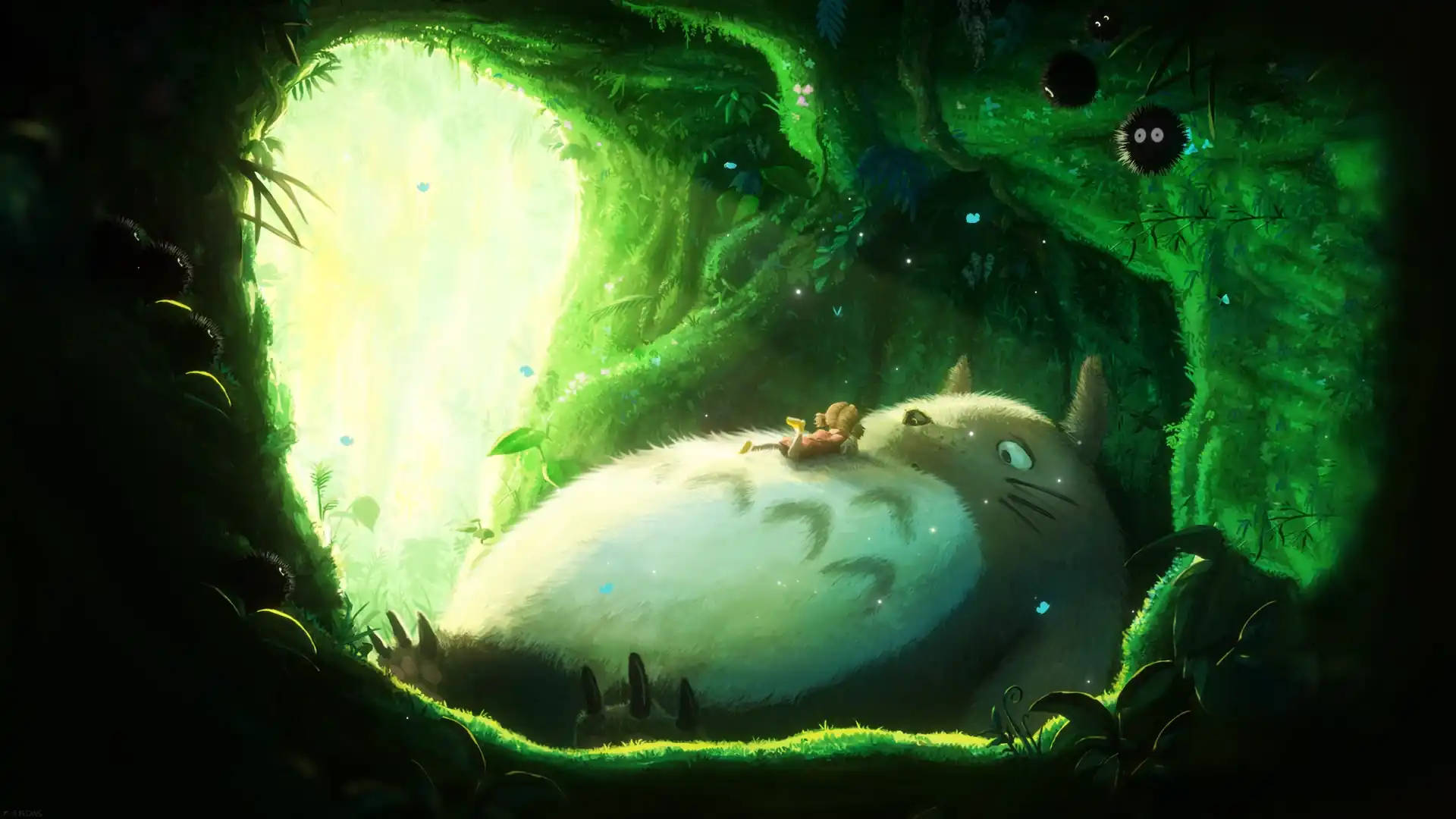 Animated depiction of Totoro relaxing in a sunlit forest clearing, surrounded by lush greenery and gentle butterflies.