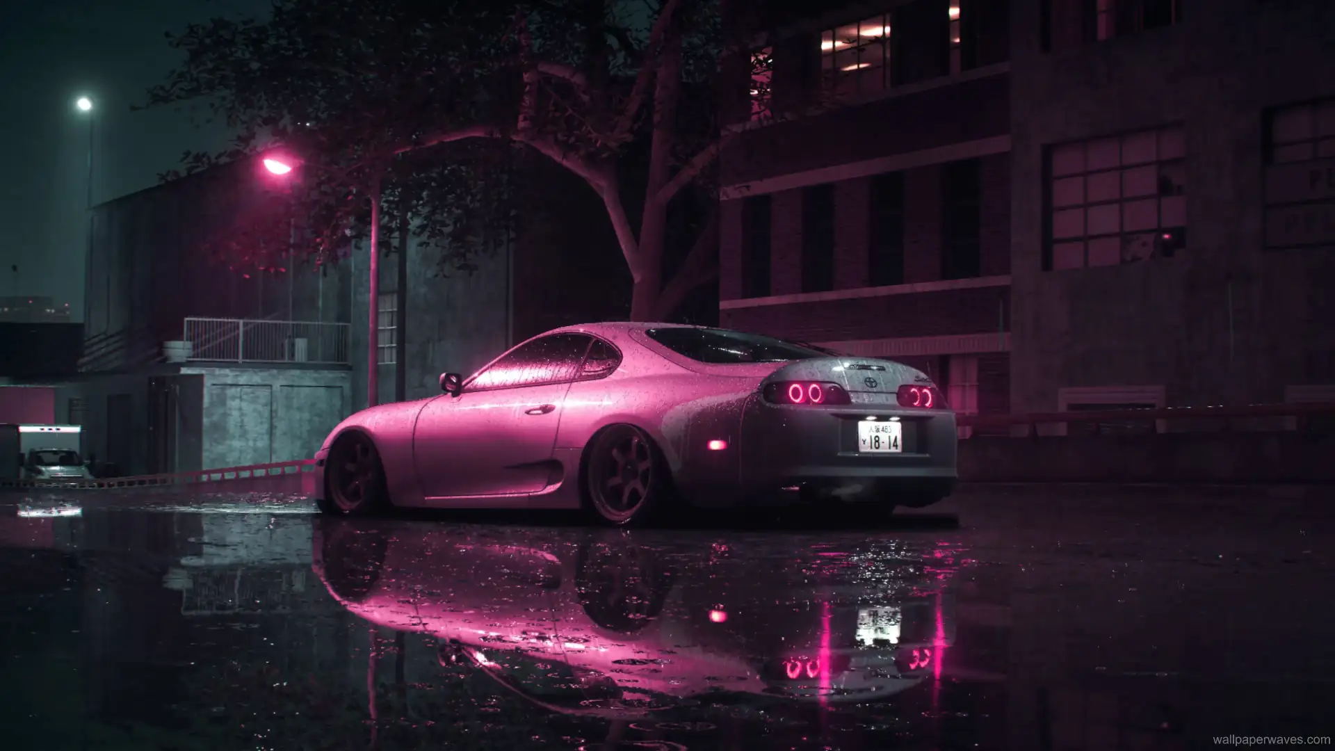 Animated depiction of a Toyota Supra MK4 parked on a neon-lit, rain-soaked urban street at night.