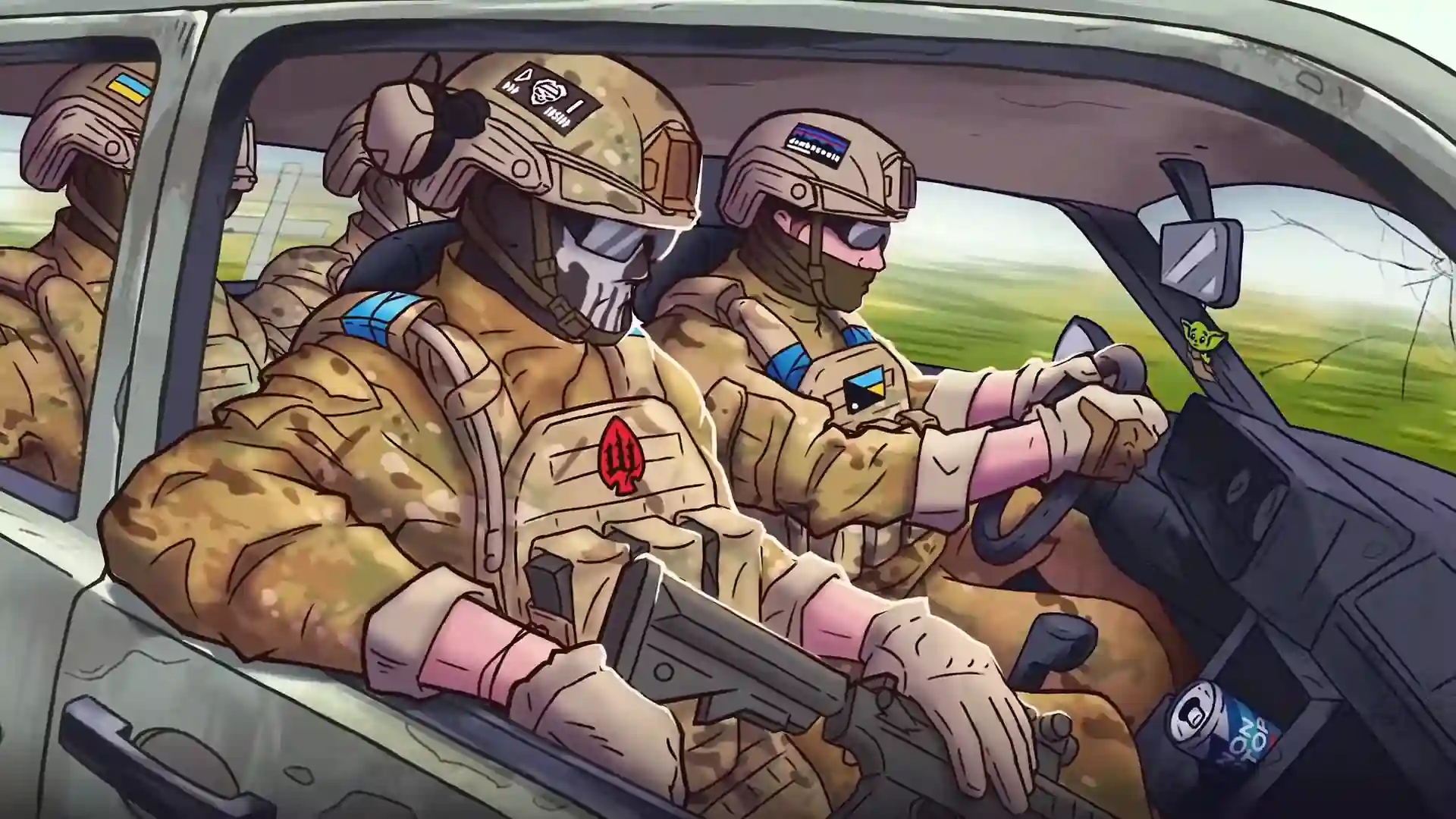 Convoy of Ukrainian soldiers driving through the countryside at sunset, with determined expressions and national flags, live wallpaper