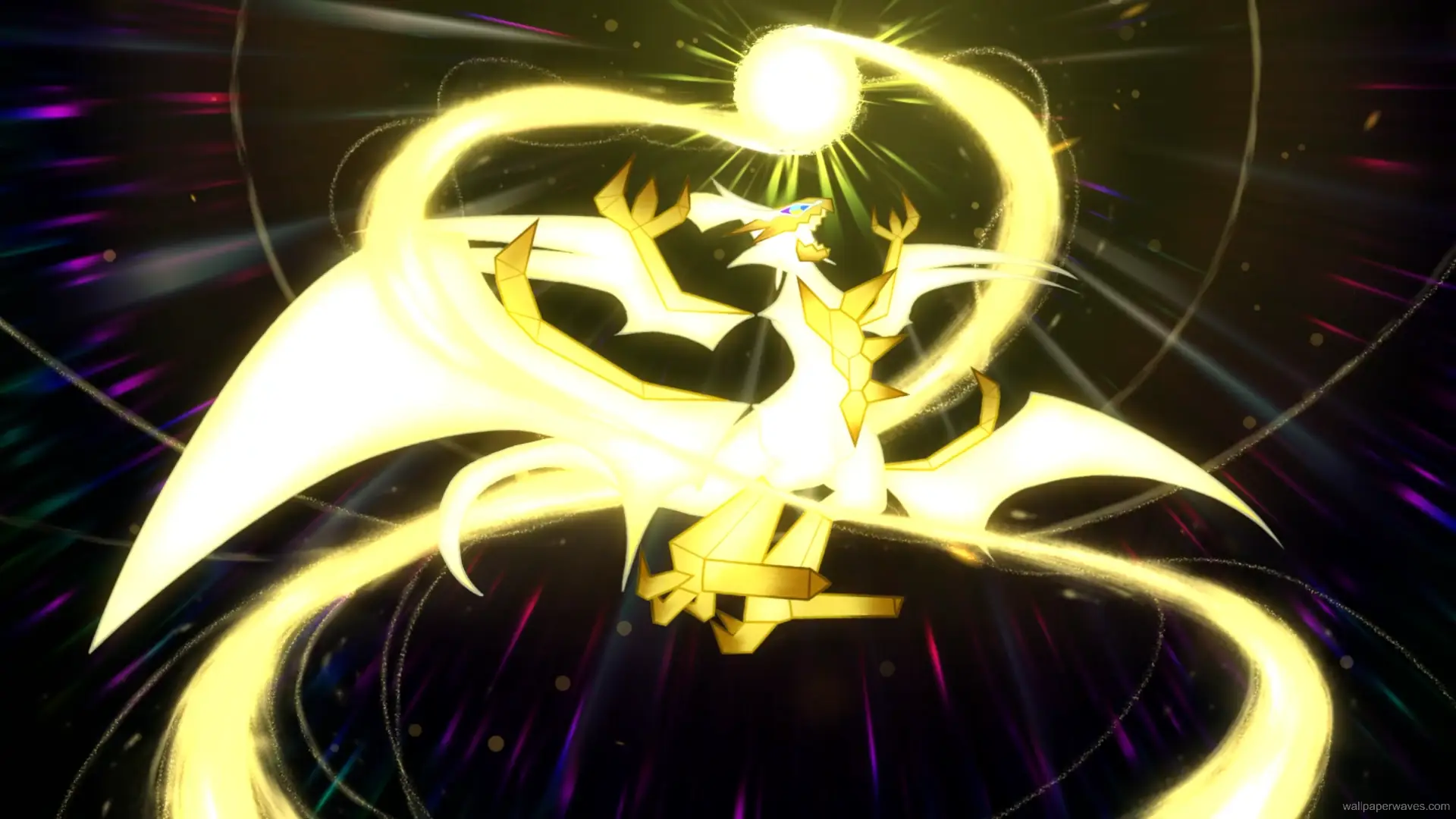 Ultra Necrozma glowing with radiant golden energy above a cosmic galaxy backdrop, with light trails and divine aura in a legendary Pokémon wallpaper.