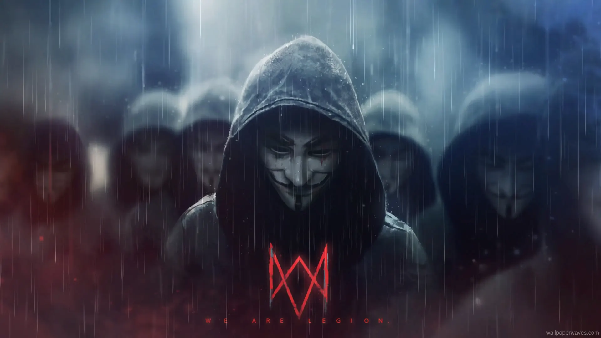 Animated figure wearing an Anonymous mask in a rainy, neon-lit cityscape inspired by Watch Dogs: Legion.