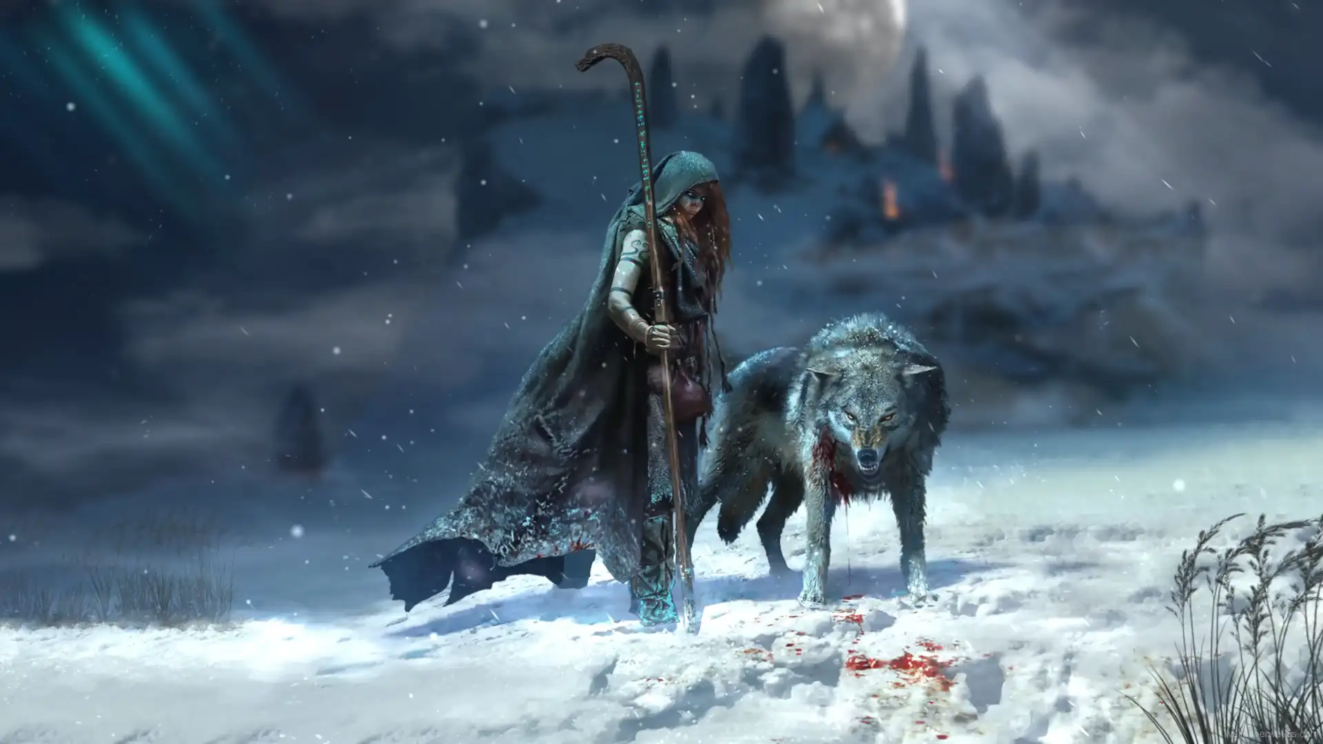 Warrior woman standing beside a loyal wolf in a mystical forest setting.