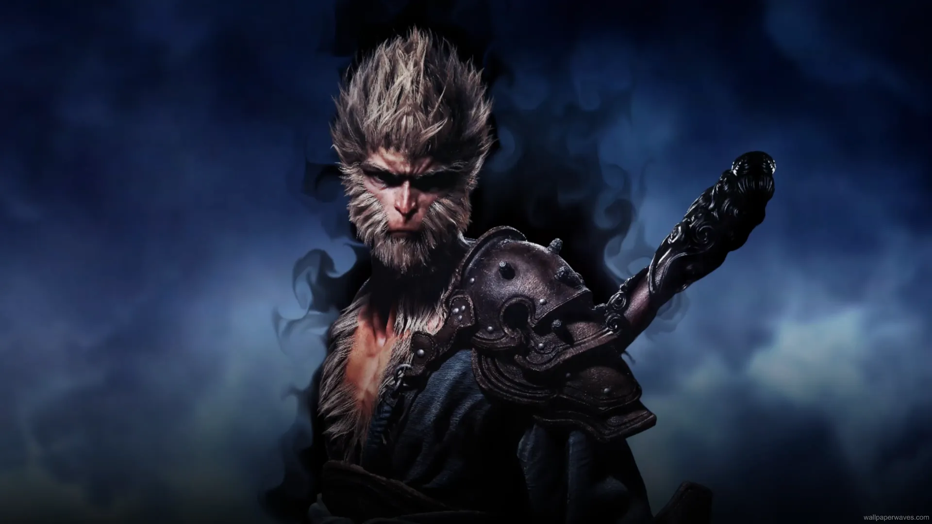 Sun Wukong emerging from shadows with torchlight flickering around, exuding a mysterious and powerful aura, live wallpaper