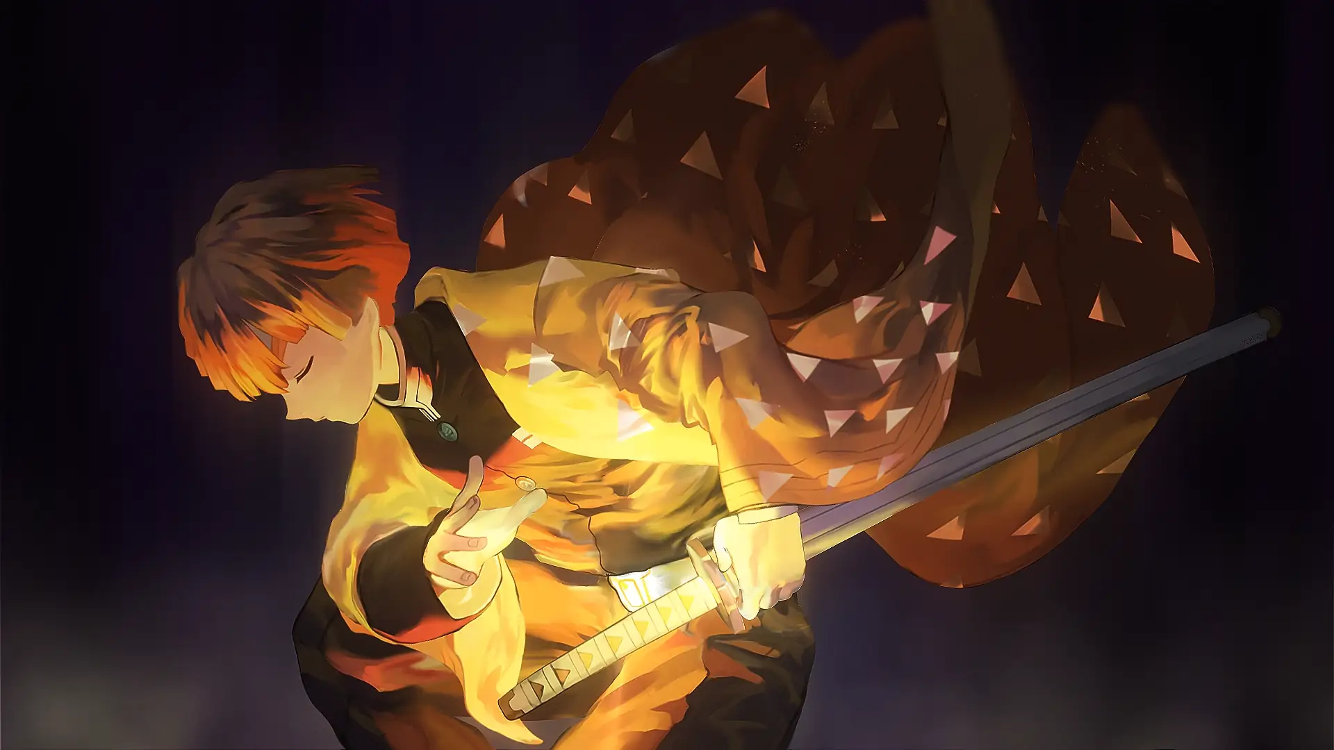 Animated depiction of Zenitsu Agatsuma from Demon Slayer: Kimetsu no Yaiba performing his Thunder Breathing technique, surrounded by vivid lightning effects.