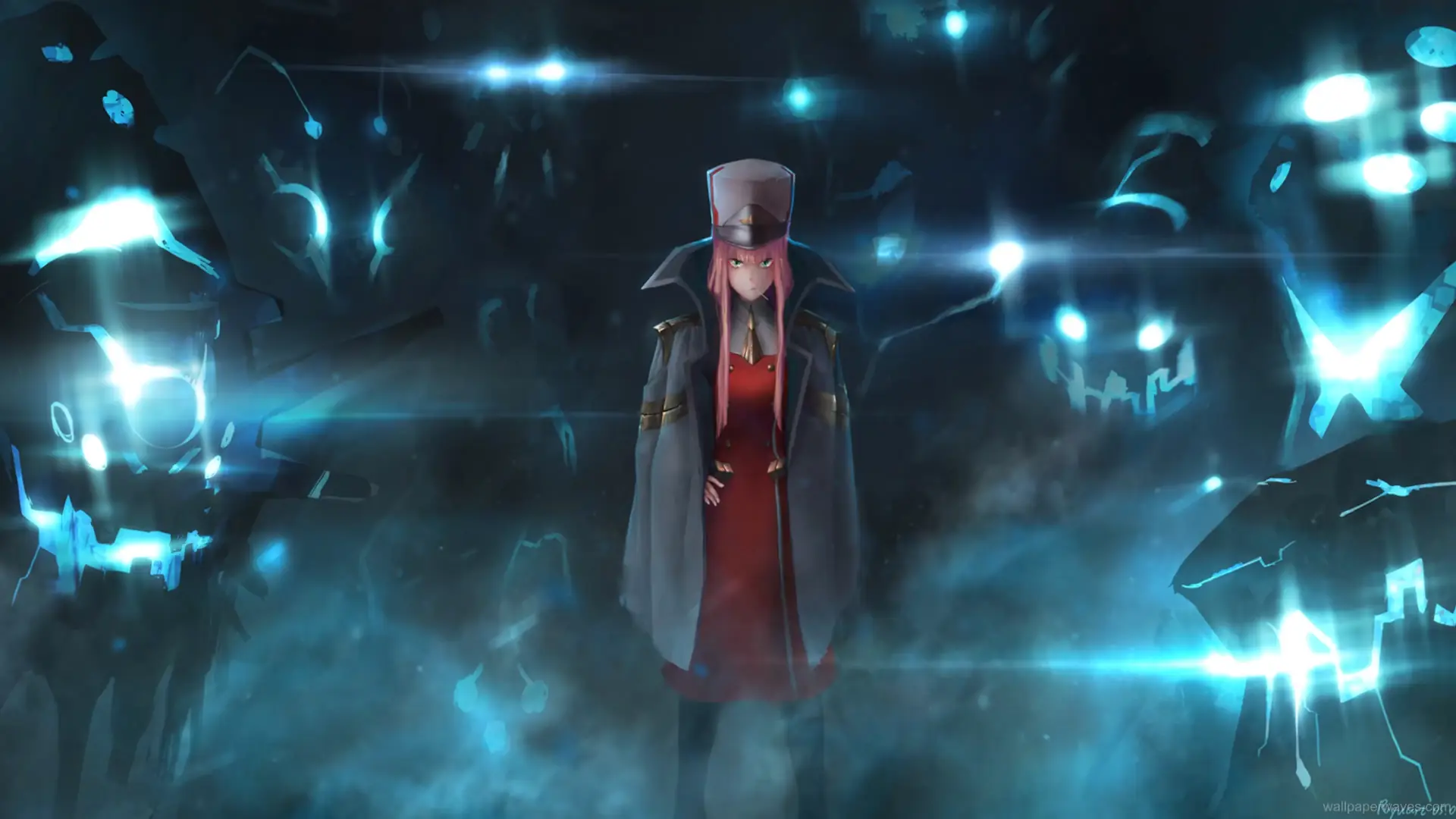 Animated scene of Zero Two standing in a misty battlefield with Klaxosaurs in the background, capturing the atmospheric essence of Darling in the Franxx.