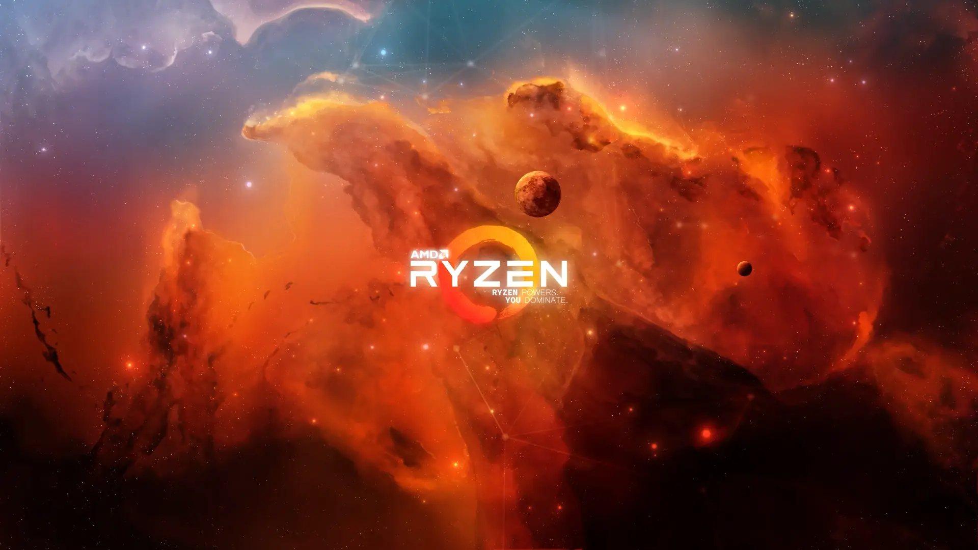 Glowing AMD Ryzen processor surrounded by neon circuits and pulsing energy in a futuristic tech environment – wallpaper.