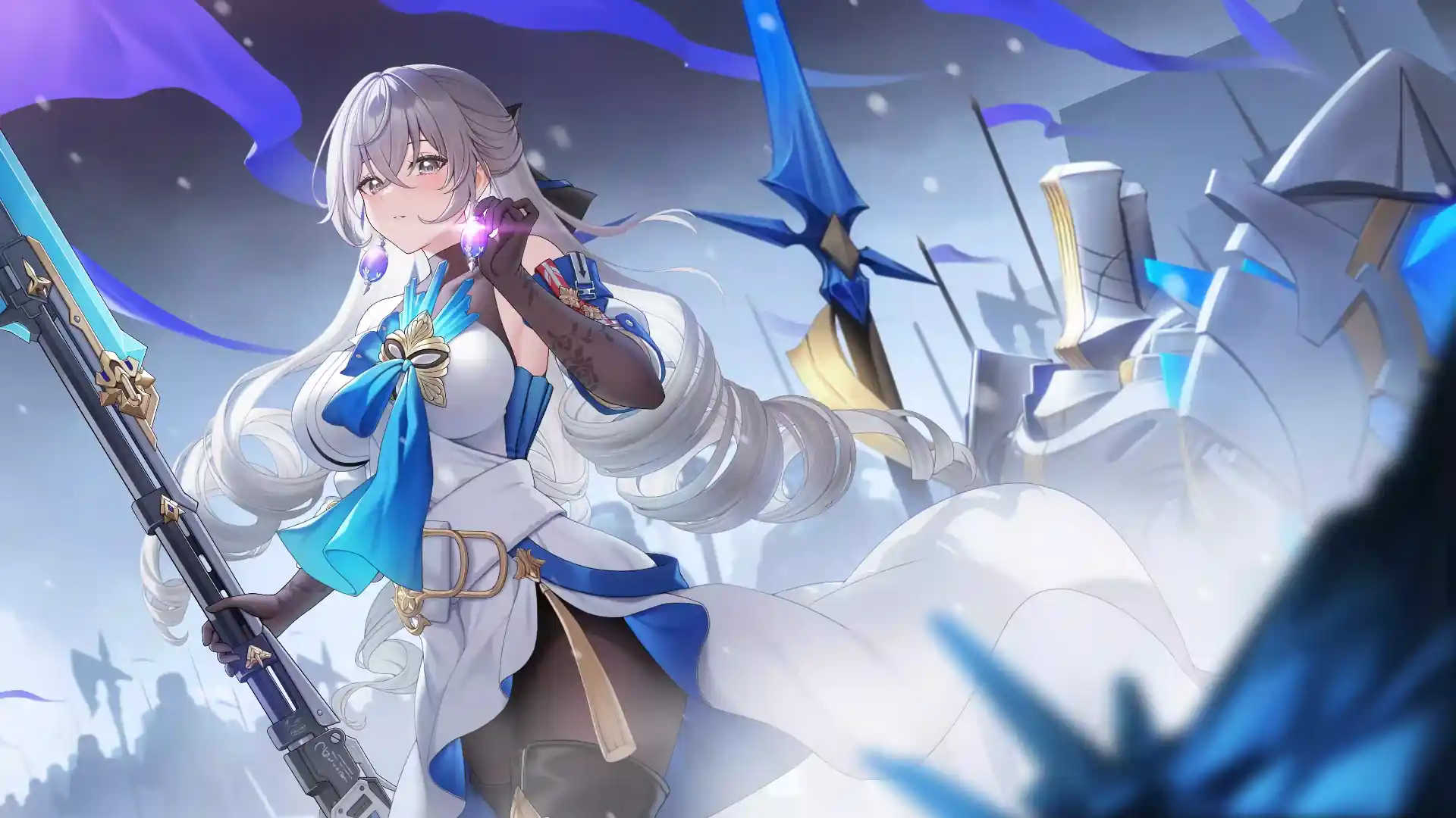 Bronya from Honkai Star Rail standing in a snowy battlefield with glowing cape, ice energy effects, and a calm commanding expression – wallpaper.