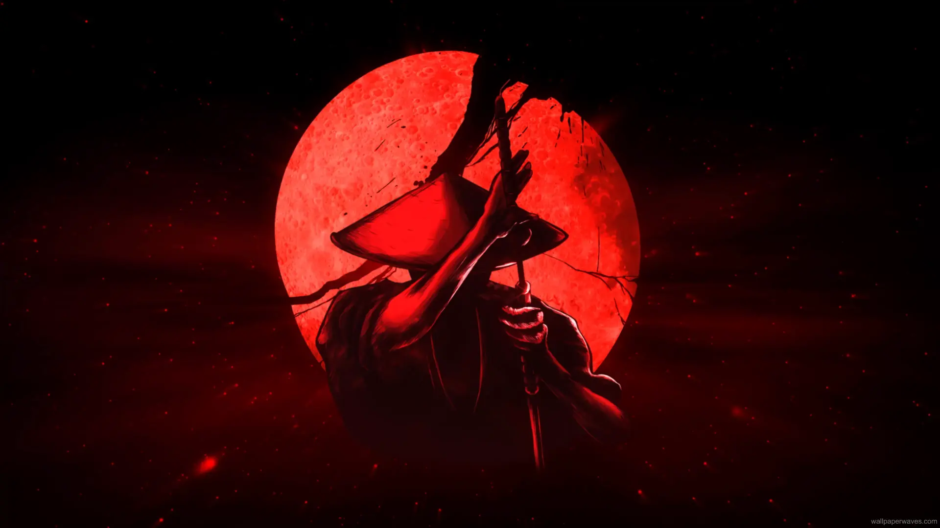 Samurai standing under a crimson full moon with cherry blossoms falling, katana drawn and ready in a twilight battlefield – wallpaper.