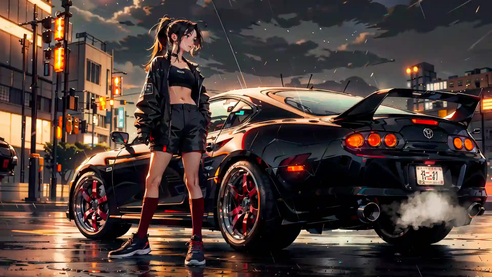 Anime girl leaning against a black Toyota Supra under neon-lit city rain, glowing lights and reflections, live wallpaper