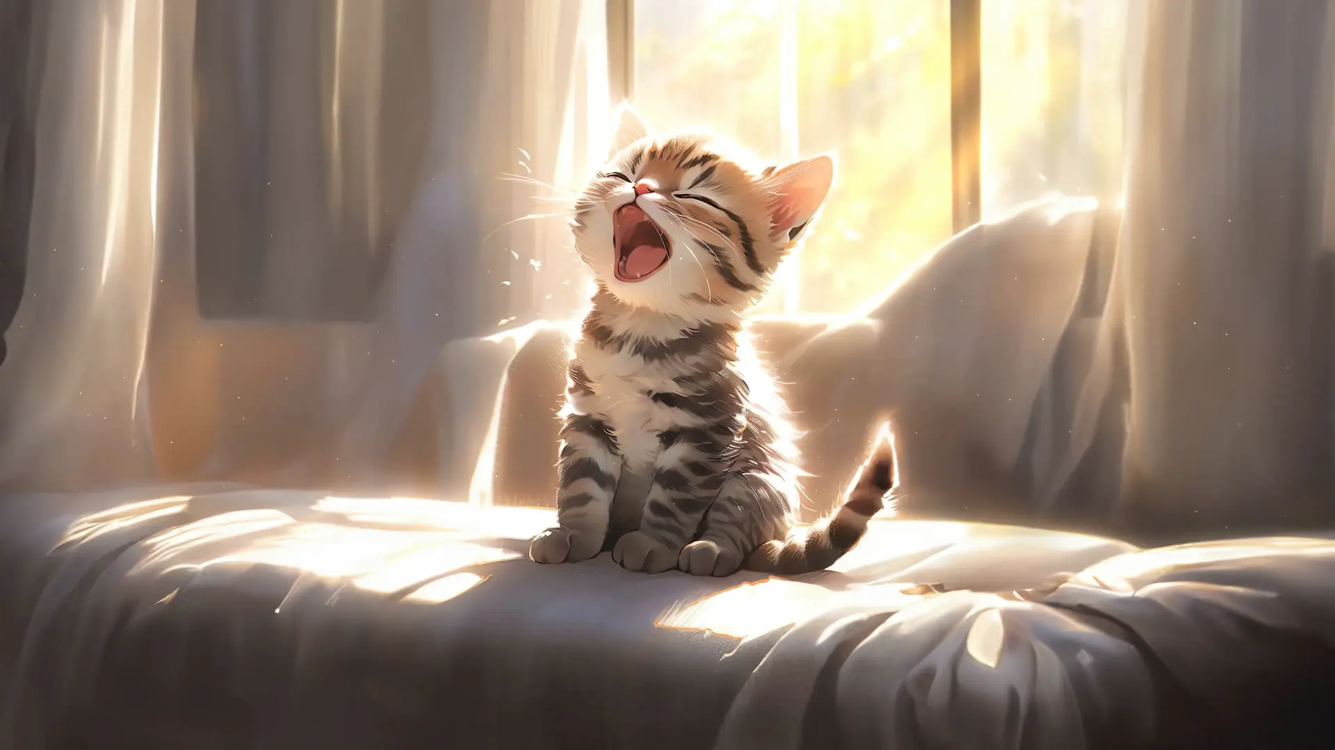 Cute fluffy kitten standing with paws up, sparkling eyes and playful expression surrounded by pastel sparkles and floating hearts – wallpaper.