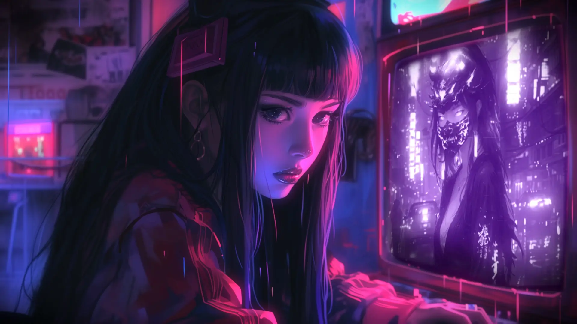Cyberpunk lofi girl sitting by a rainy window at night, headphones on, surrounded by neon lights and futuristic city glow – wallpaper.