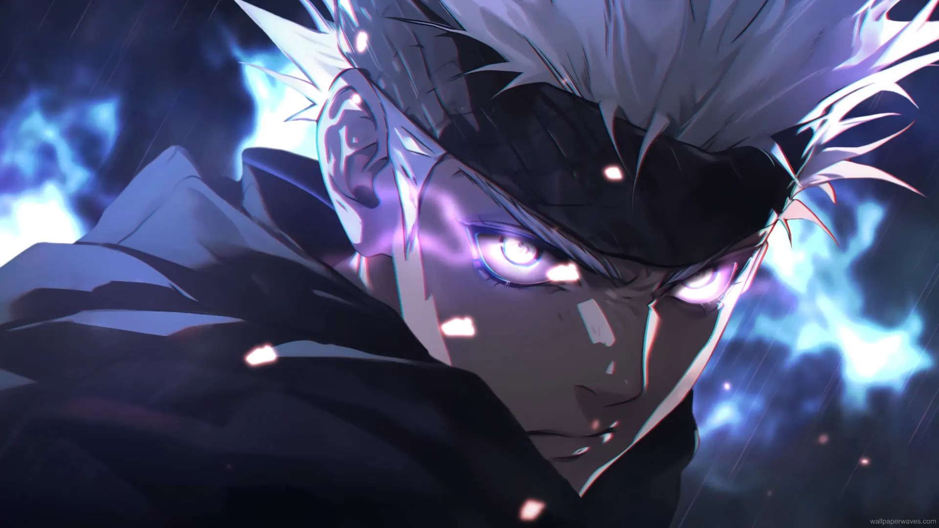 Gojo Satoru from Jujutsu Kaisen standing with glowing blue cursed energy and blindfold, surrounded by particles and mystical aura – wallpaper.