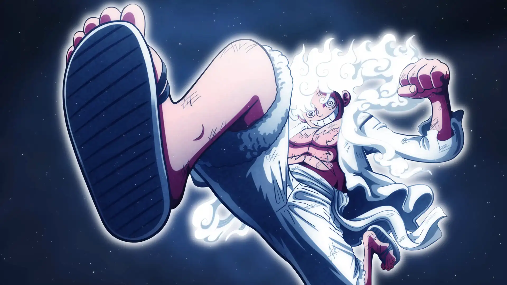 Luffy in Gear 5 form with white hair and chaotic expression, surrounded by stormy clouds and lightning, mid-battle with cartoon-style powers and divine energy – wallpaper.