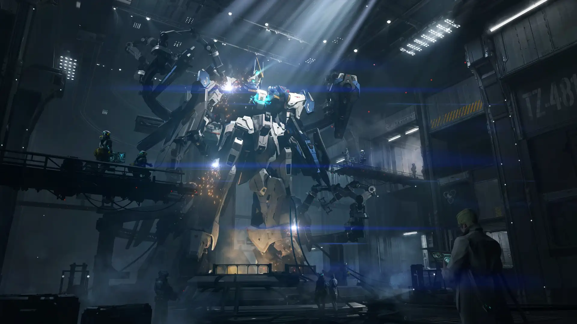 Futuristic mechas engaged in high-speed combat with glowing energy weapons, thrusters blazing and explosions lighting up the battlefield – wallpaper.