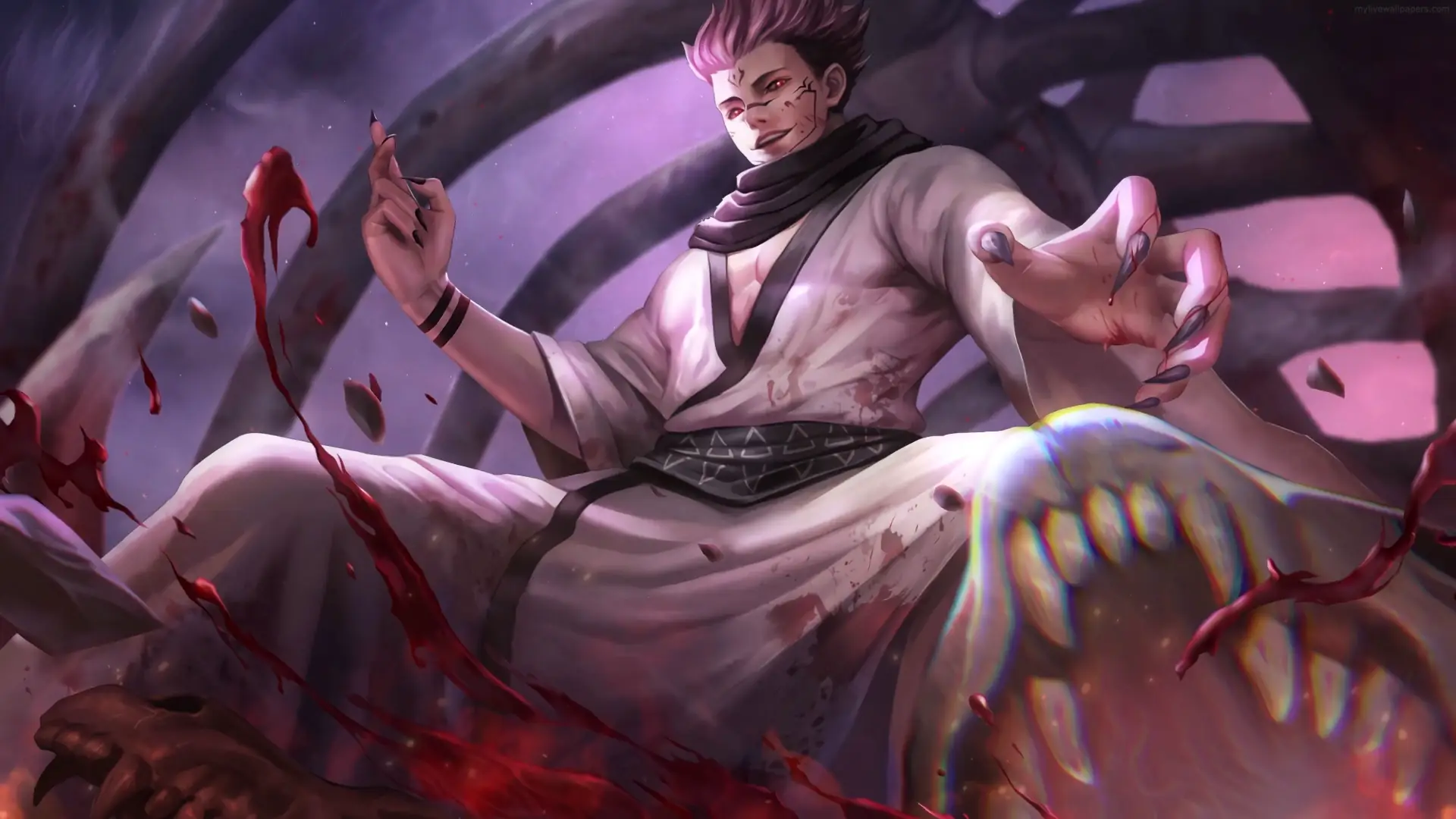 Sukuna Ryomen from Jujutsu Kaisen surrounded by red cursed energy, demonic tattoos glowing and sinister expression under dark shadows – wallpaper.