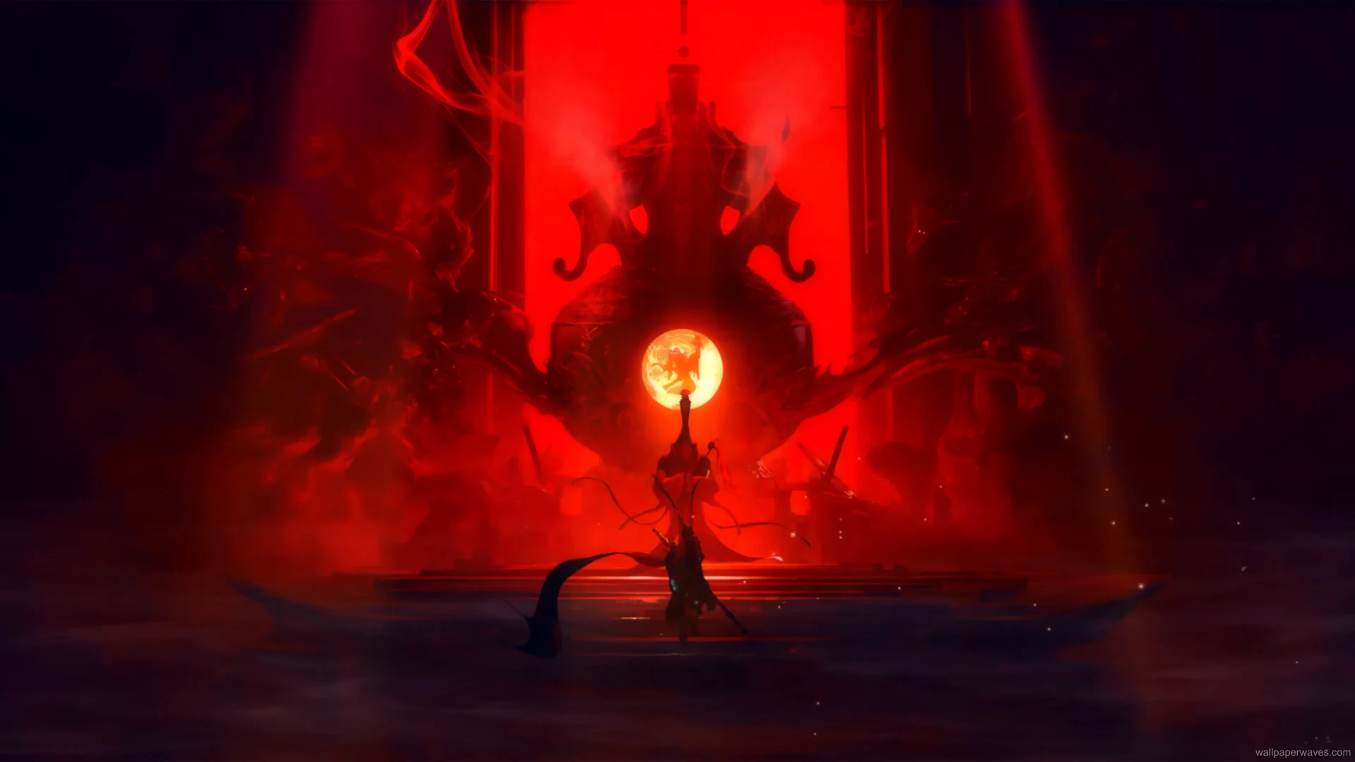 Wukong from Black Myth soaring through the skies with glowing staff, stormy heavenly court background, and shattered divine structures – wallpaper.