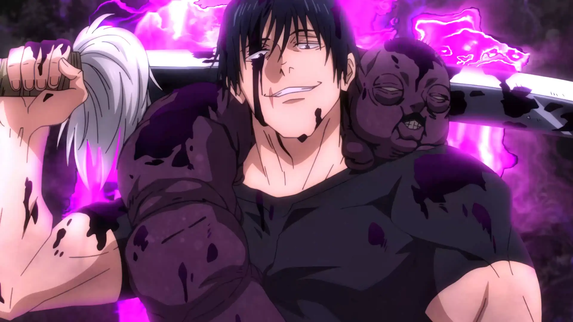 Toji Fushiguro from Jujutsu Kaisen standing shirtless with a blade, under a dark sky with intense expression and shadows flowing around – wallpaper.