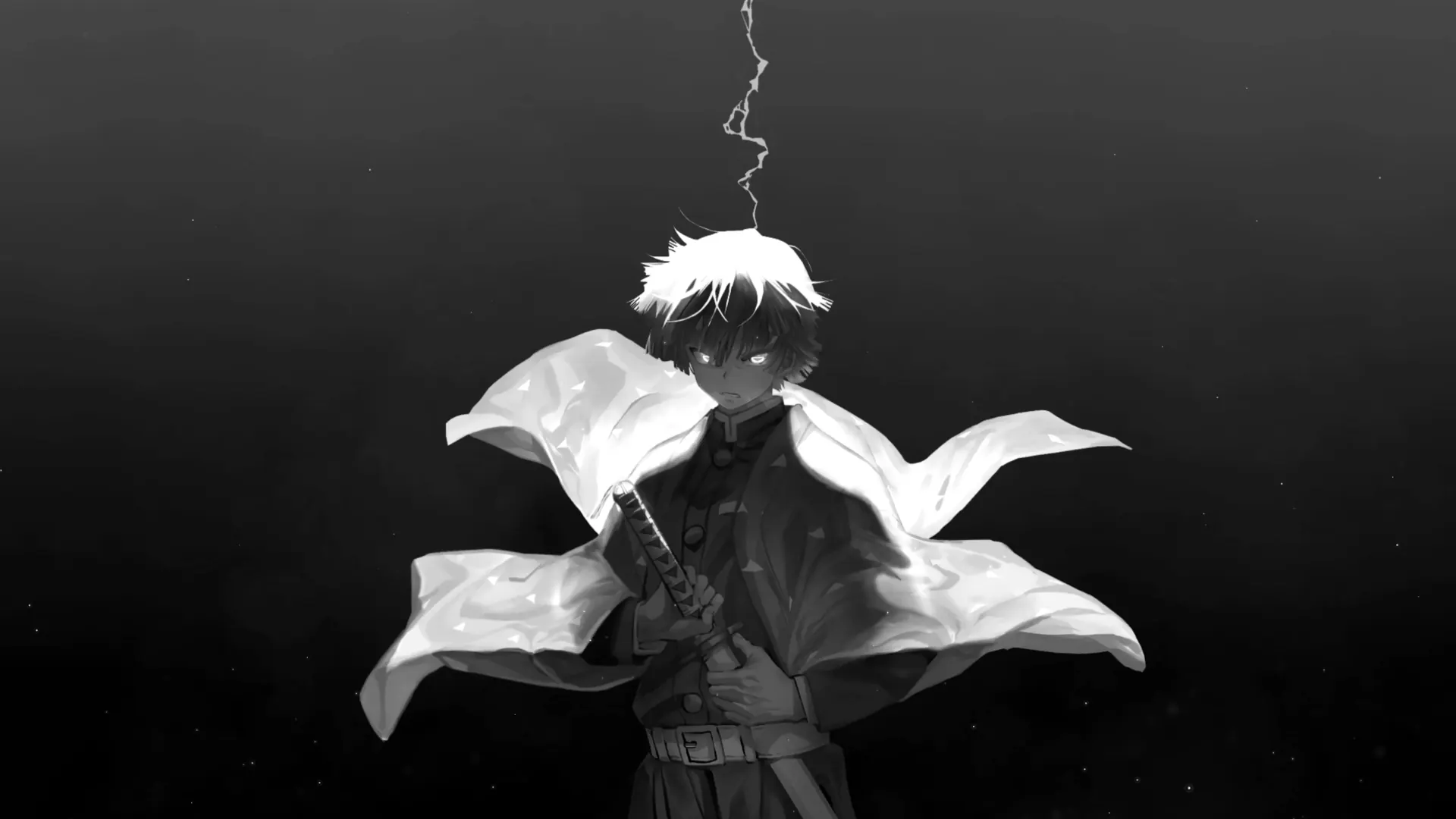 Zenitsu in a dramatic monochrome scene with lightning flashing as he prepares to strike, live wallpaper