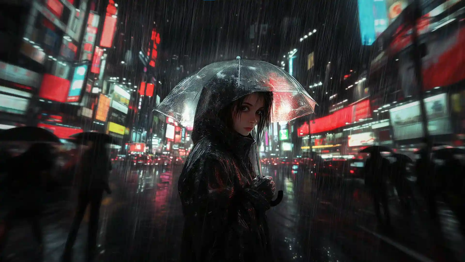 Cyberpunk girl walking alone through a rainy neon-lit city alley with glowing visor and reflective puddles in a futuristic atmosphere – wallpaper.