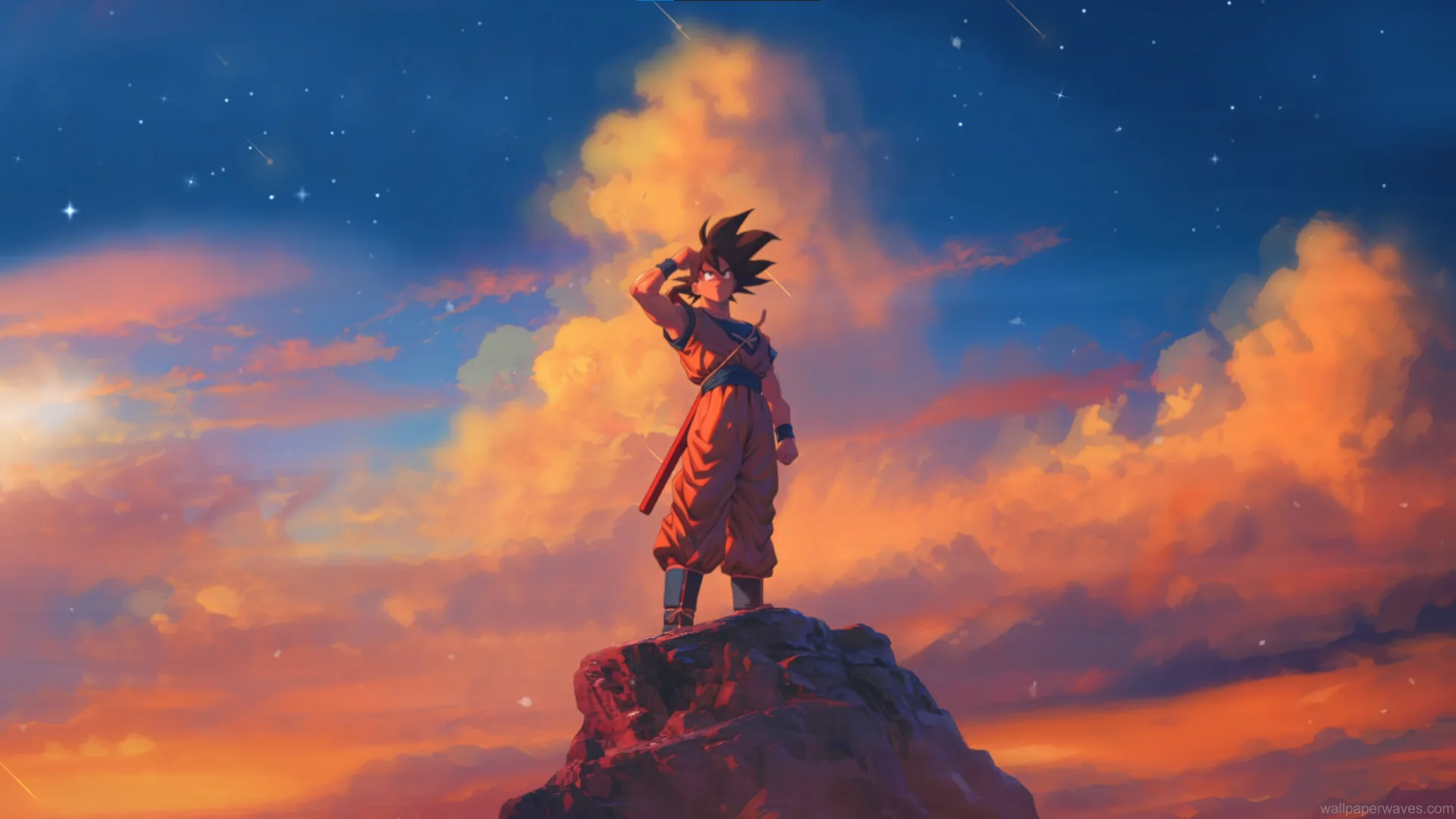 Goku standing in golden aura with glowing hair and intense expression as energy crackles around him in a dramatic battle setting – wallpaper.