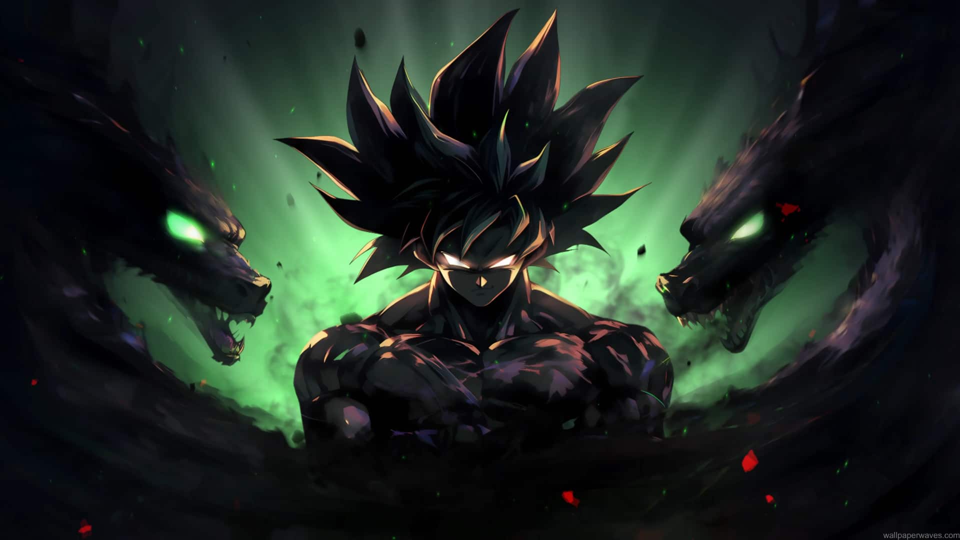 Goku surrounded by black dragons in a stormy sky, golden aura glowing as mythical creatures coil around him with power and energy – wallpaper.