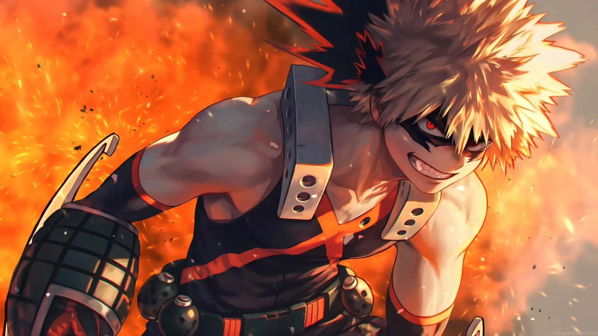Katsuki Bakugo from My Hero Academia flying through the sky with explosive gauntlets, fiery aura, and intense determination – wallpaper.