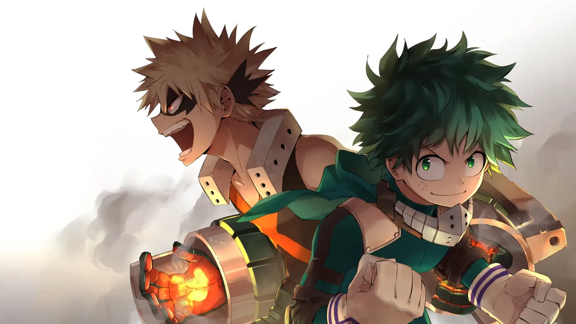Izuku Midoriya and Katsuki Bakugo from My Hero Academia launching into battle with green lightning and explosions lighting up the sky – wallpaper.