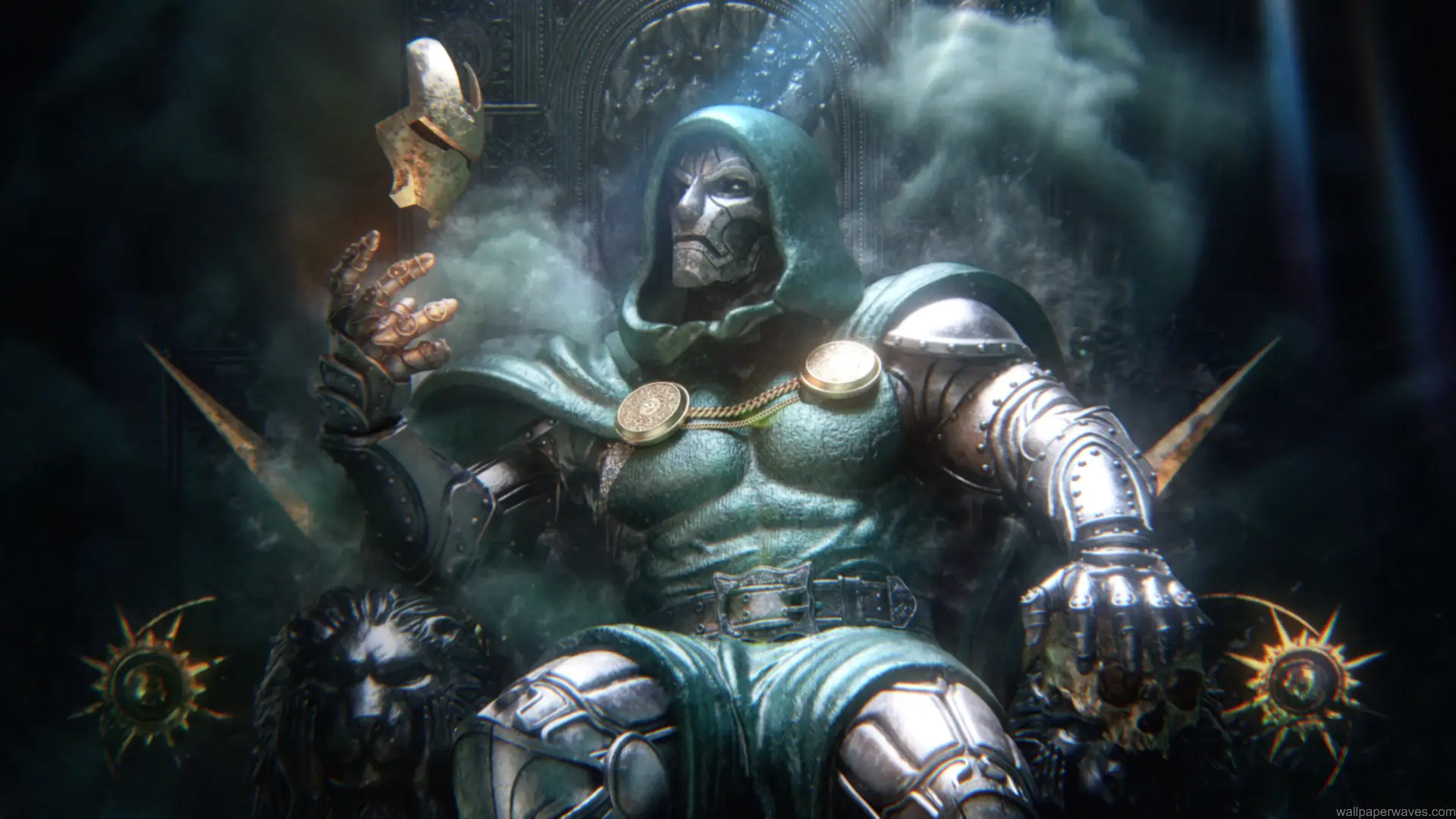 Dr. Doom standing in stormy ruins holding Iron Man’s mask aloft with a glowing sky and green cloak flowing behind him – wallpaper.