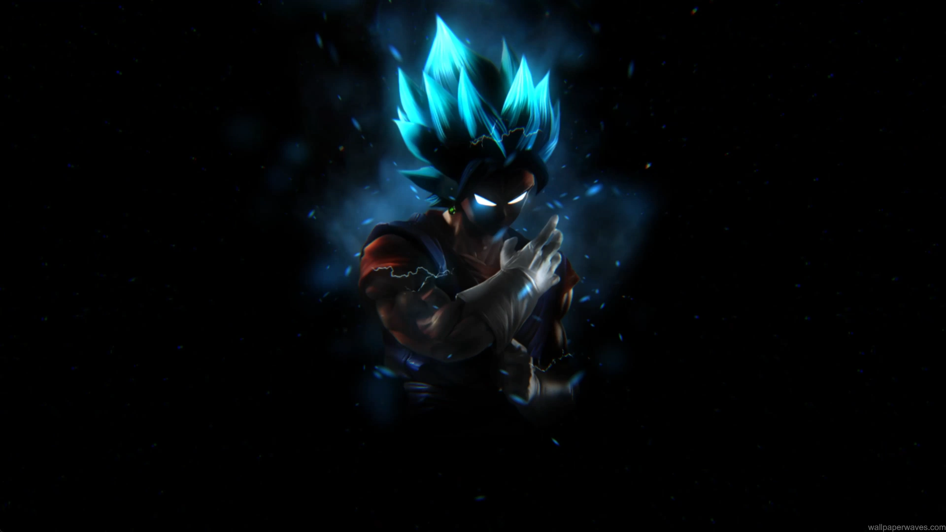 SSGSS Vegito floating midair with glowing blue Super Saiyan aura, surrounded by lightning and intense power – wallpaper.