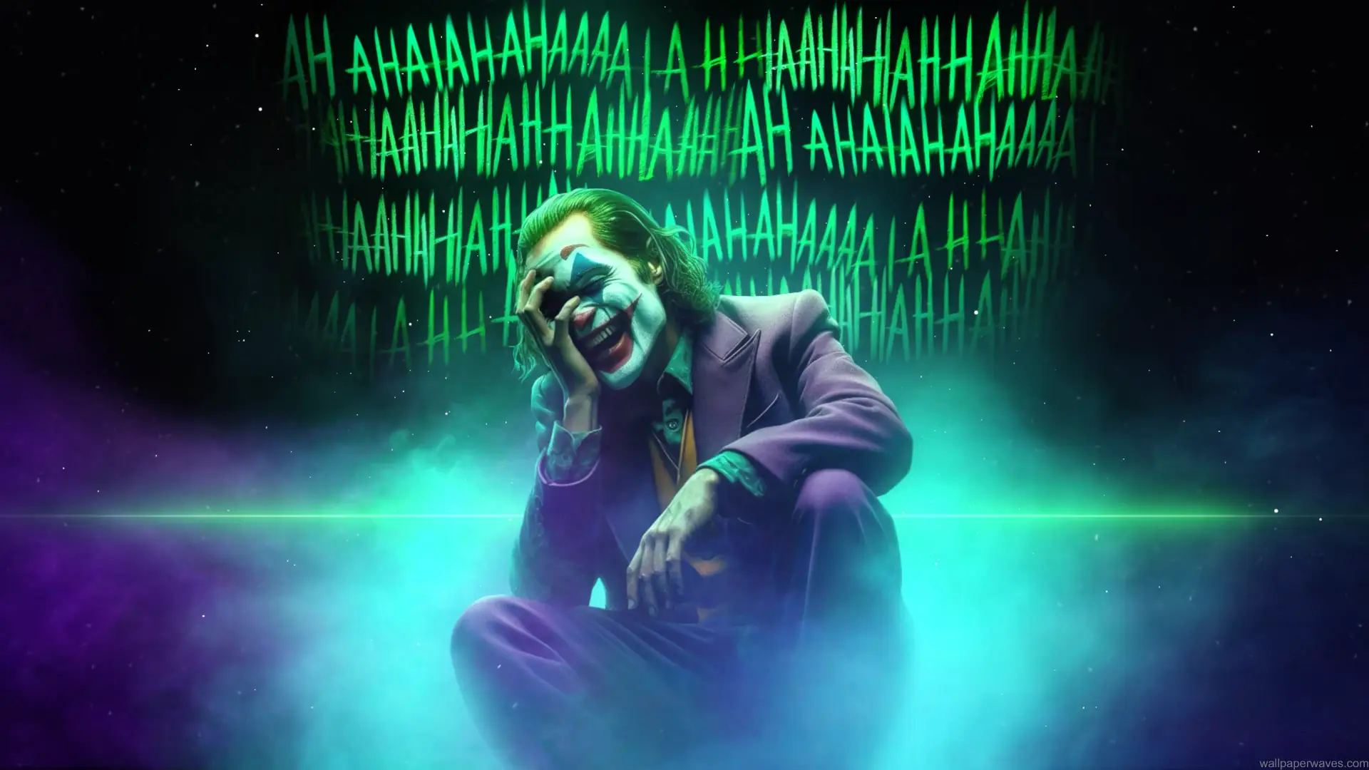 The Joker standing in green glowing fog with a twisted grin, surrounded by chaotic graffiti and a neon-lit atmosphere – wallpaper.