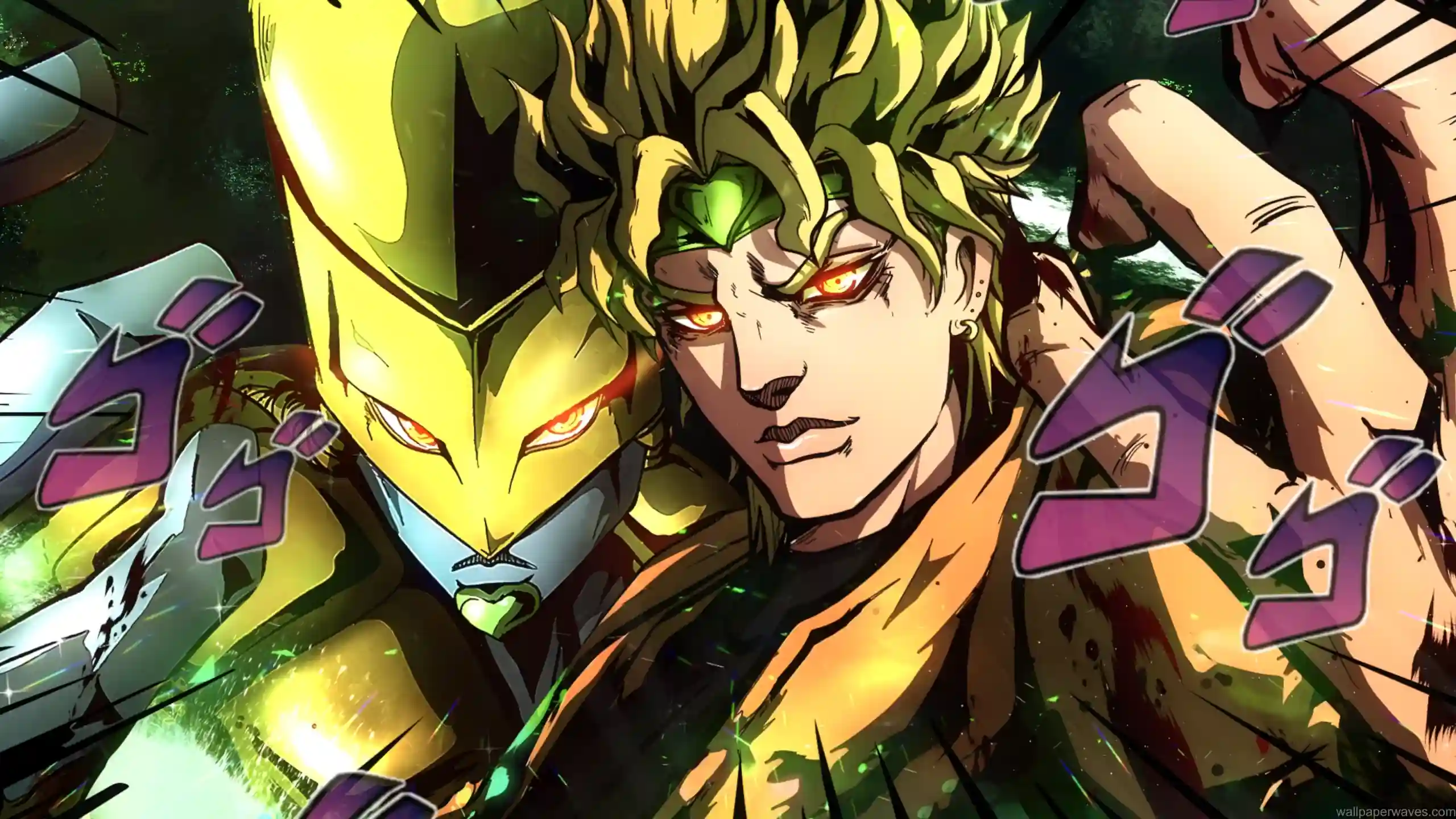 Dio Brando from JoJo’s Bizarre Adventure standing confidently with glowing yellow aura and The World behind him in a powerful pose – wallpaper.