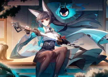 Hoshimi Miyabi Zenless Zone Zero Wallpaper - A high-resolution anime artwork featuring the graceful swordswoman Miyabi in her iconic kimono, set against Zenless Zone Zero's signature cyber-fantasy backdrop. Perfect for fans of Hoyoverse's stylish character designs