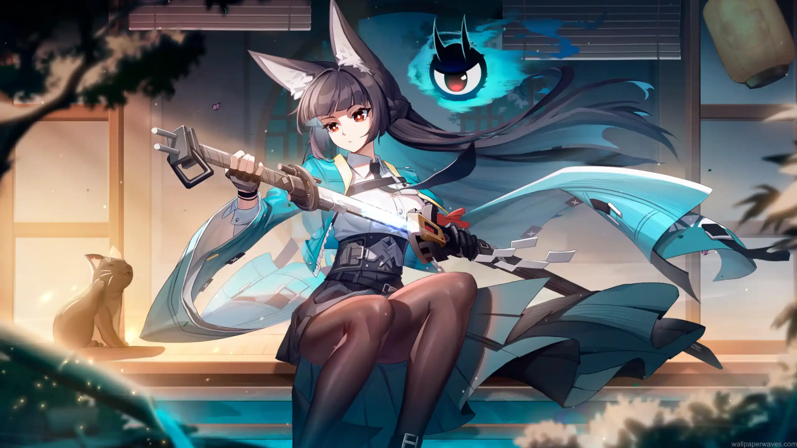 Hoshimi Miyabi from Zenless Zone Zero standing in a neon-lit cityscape holding a katana with white flowing hair and elegant battle stance – wallpaper.