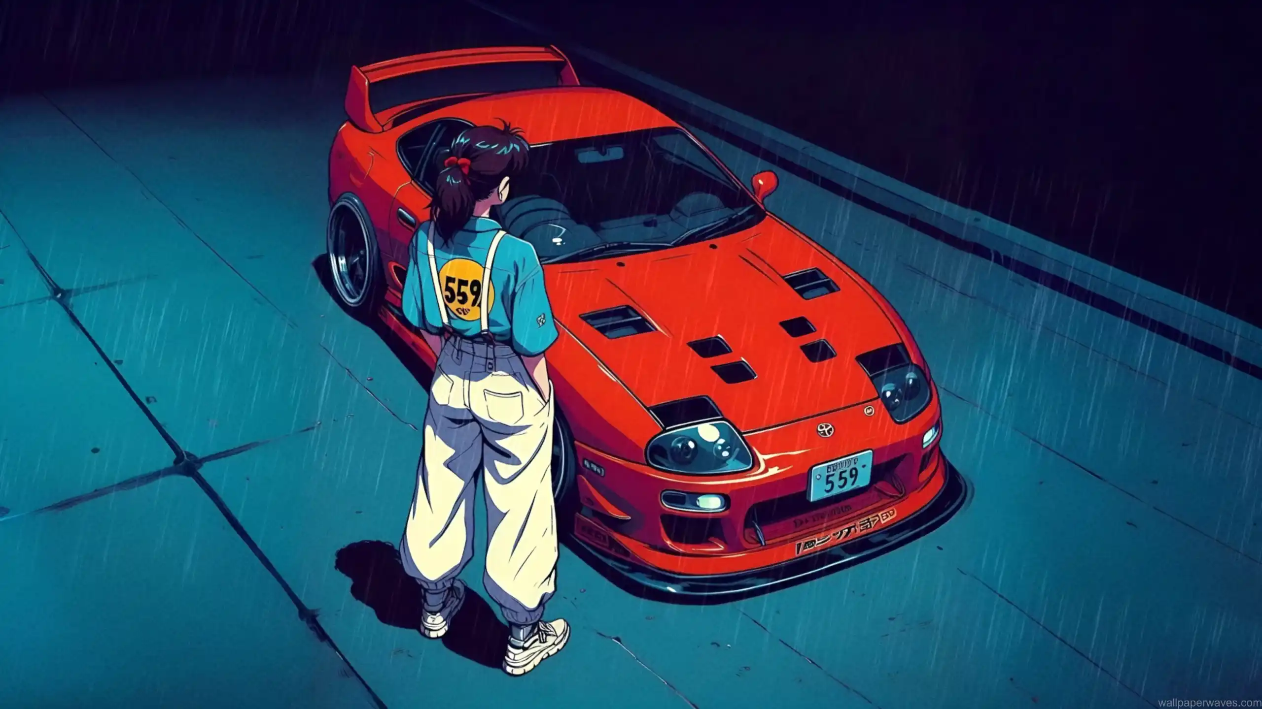 Toyota Supra parked under neon lighting with a misty urban background, showcasing JDM styling and reflective bodywork – wallpaper.