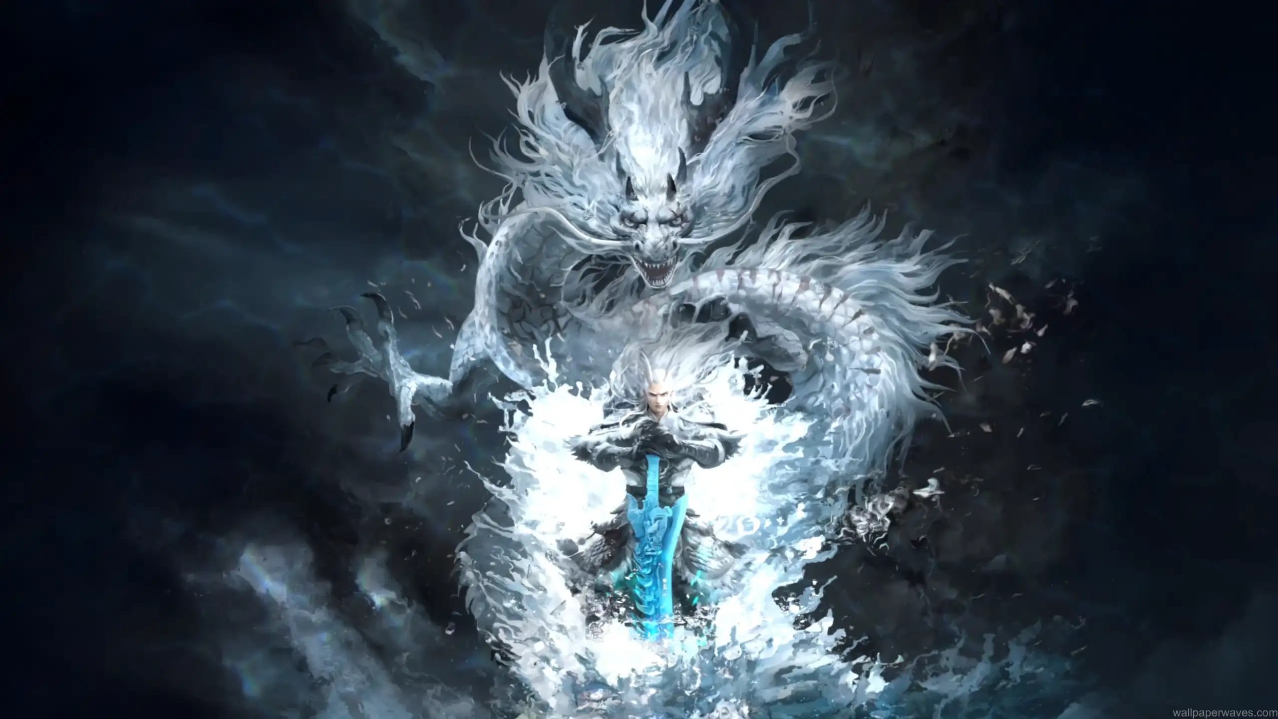 Ao Guang the Dragon King flying through storm clouds with glowing eyes, lightning around his serpentine body and flowing whiskers – wallpaper.
