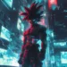 Goku standing tall in a neon-lit cyberpunk city, exuding an aura of power with glowing eyes and a fierce expression, amidst futuristic holographic billboards and electric energy
