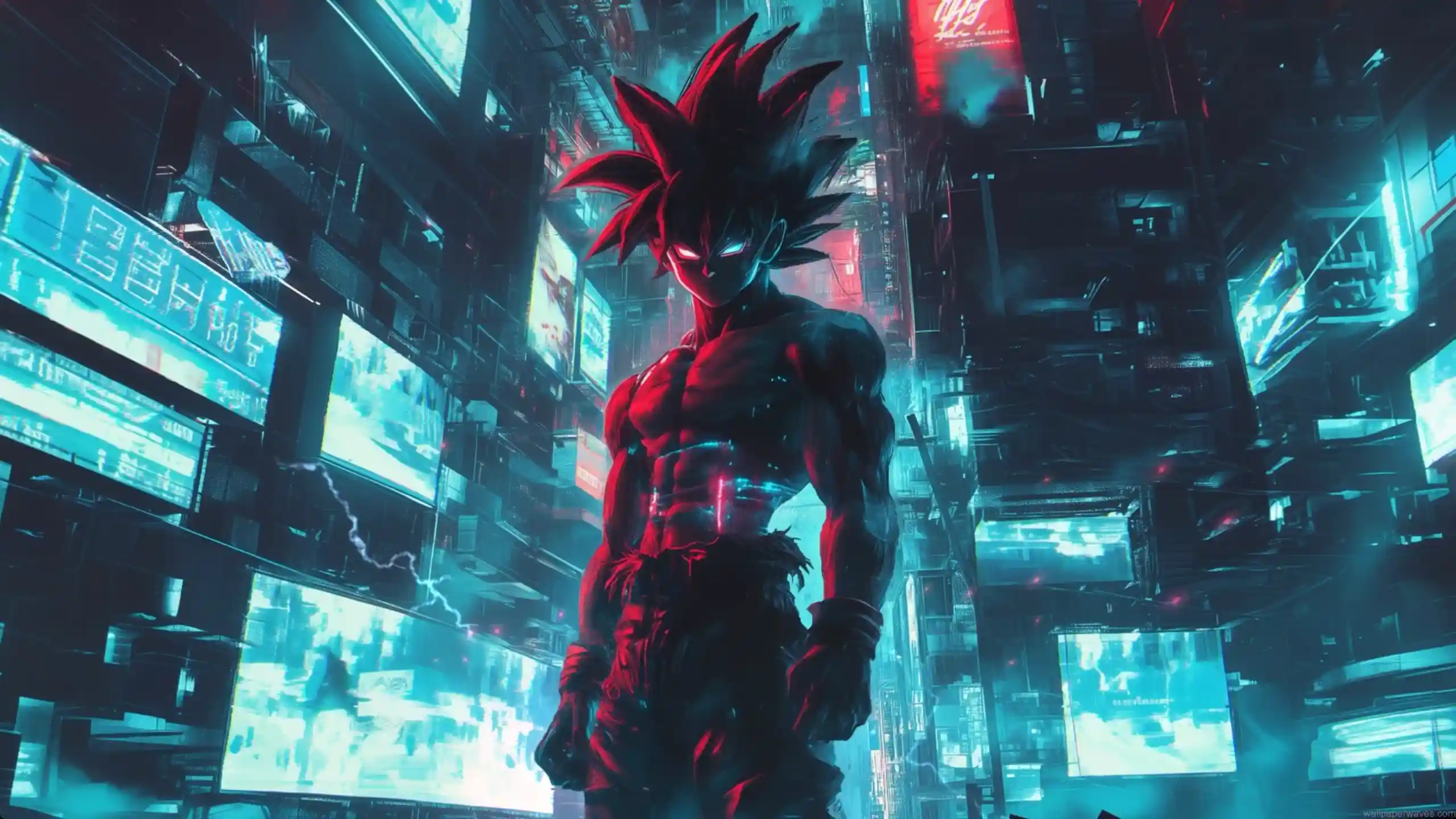 Cyberpunk Goku standing on a neon-lit rooftop in futuristic armor with glowing energy and a rainy sci-fi cityscape behind – wallpaper.