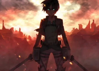 Eren Yeager from Attack on Titan, standing fiercely amidst a fiery, ruined landscape, wielding dual swords with a determined look, his glowing eyes reflecting the devastation around him